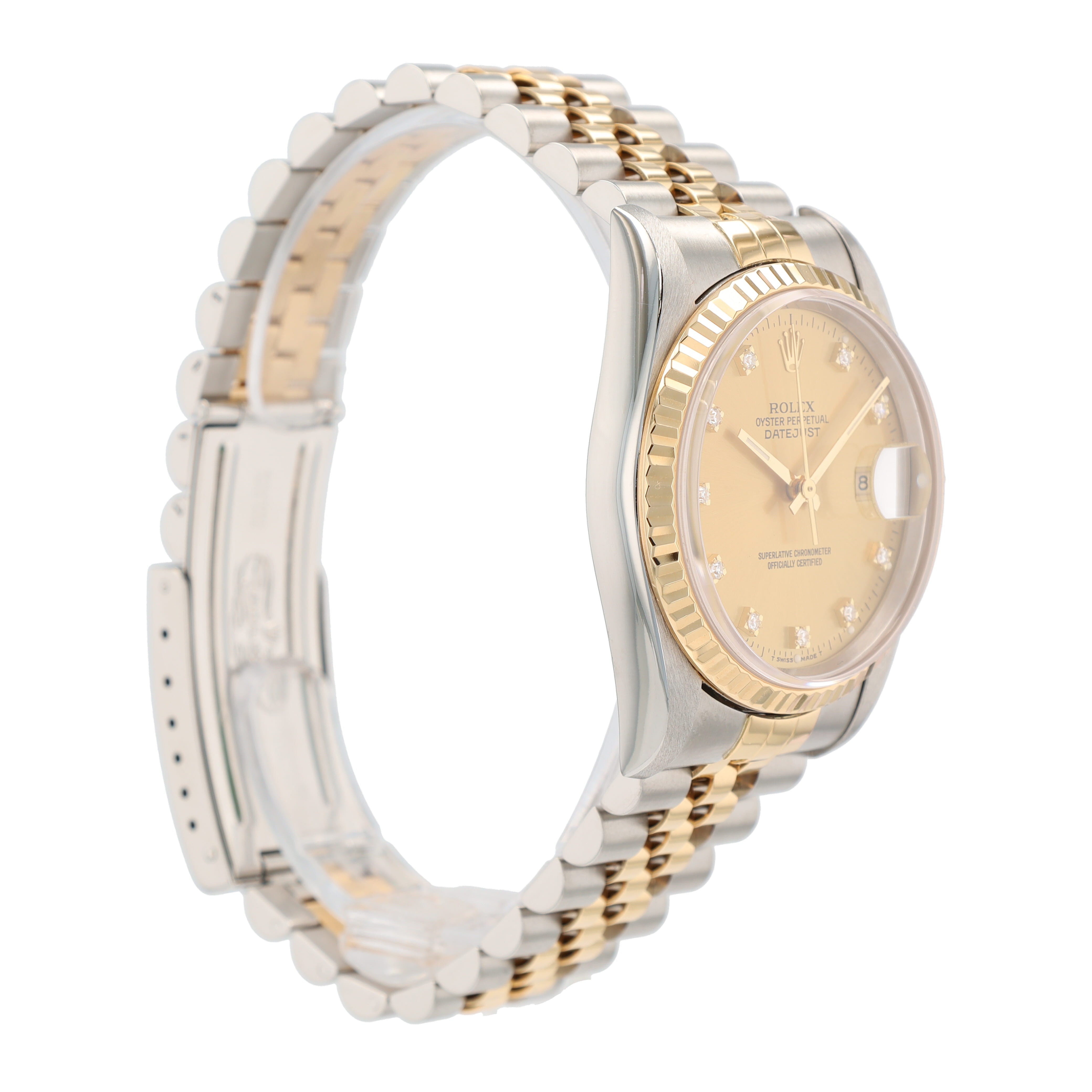 Rolex Datejust 16233 36mm Champagne Diamond OS Dial Fluted Bezel Jubilee Band - Luxuriant Concierge