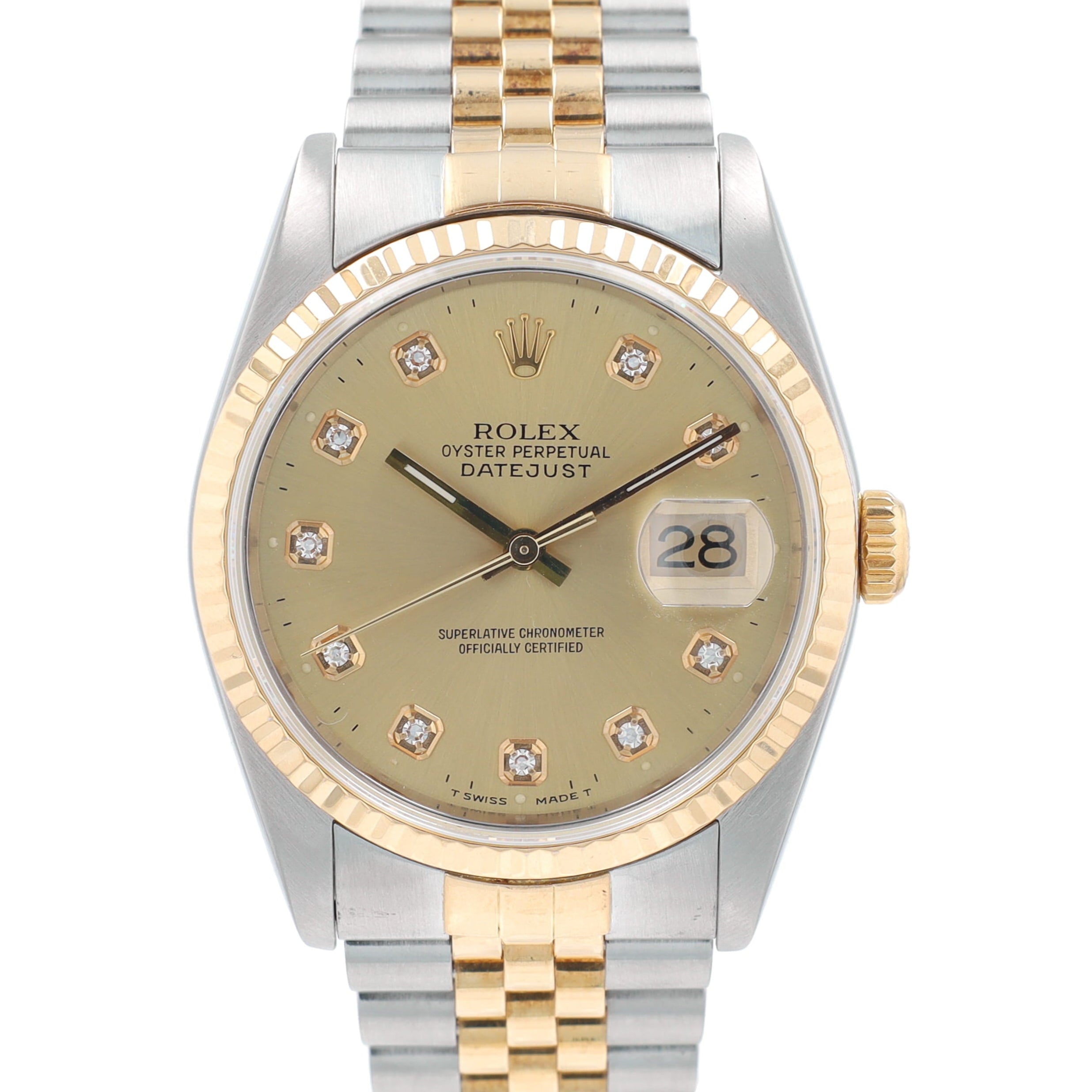 Rolex Datejust 16233 36mm Champagne Diamond (N.S) Dial Fluted Bezel Jubilee Band - Luxuriant Concierge