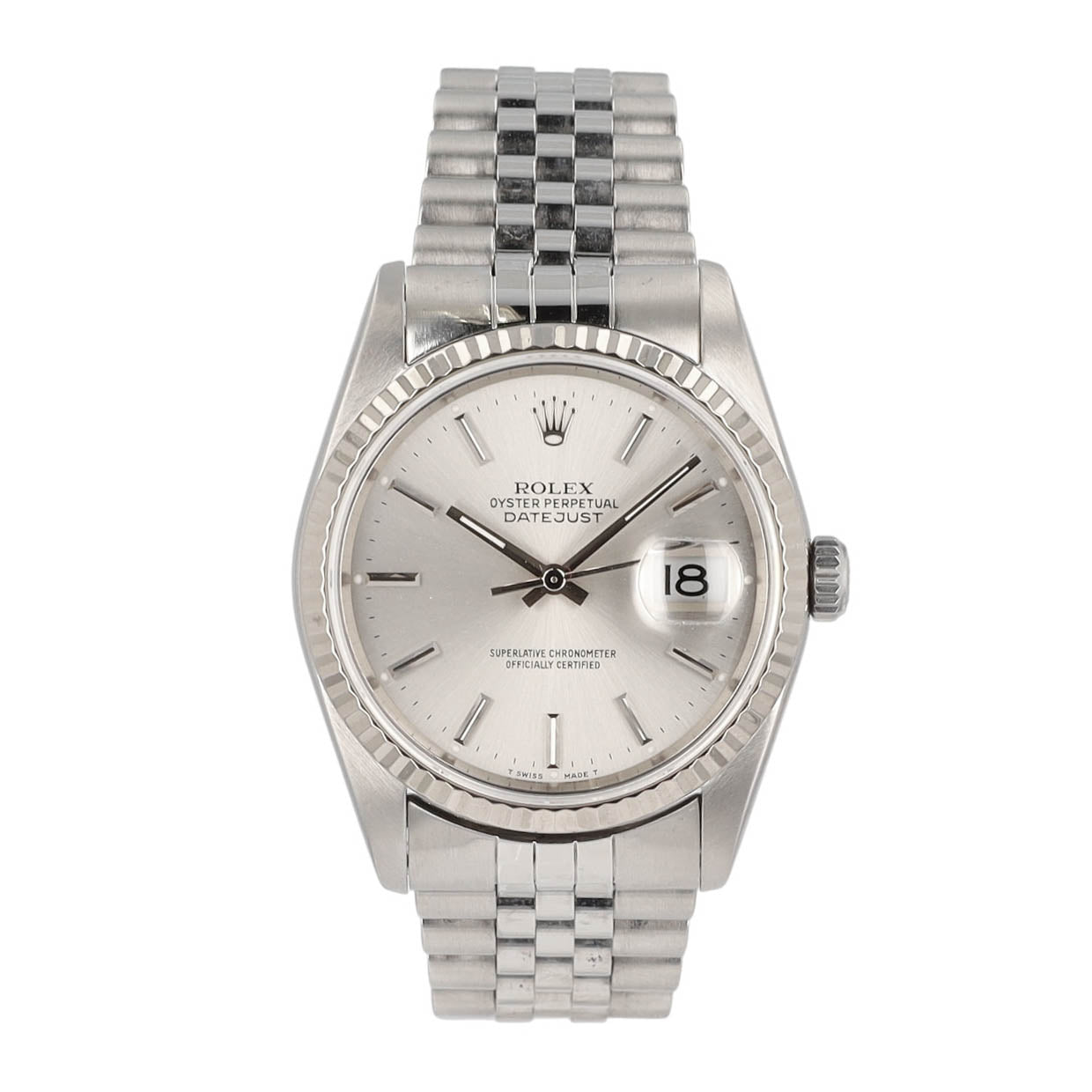 Rolex Datejust 16234 36mm Silver Index Numeral Dial Fluted Bezel Jubilee Band