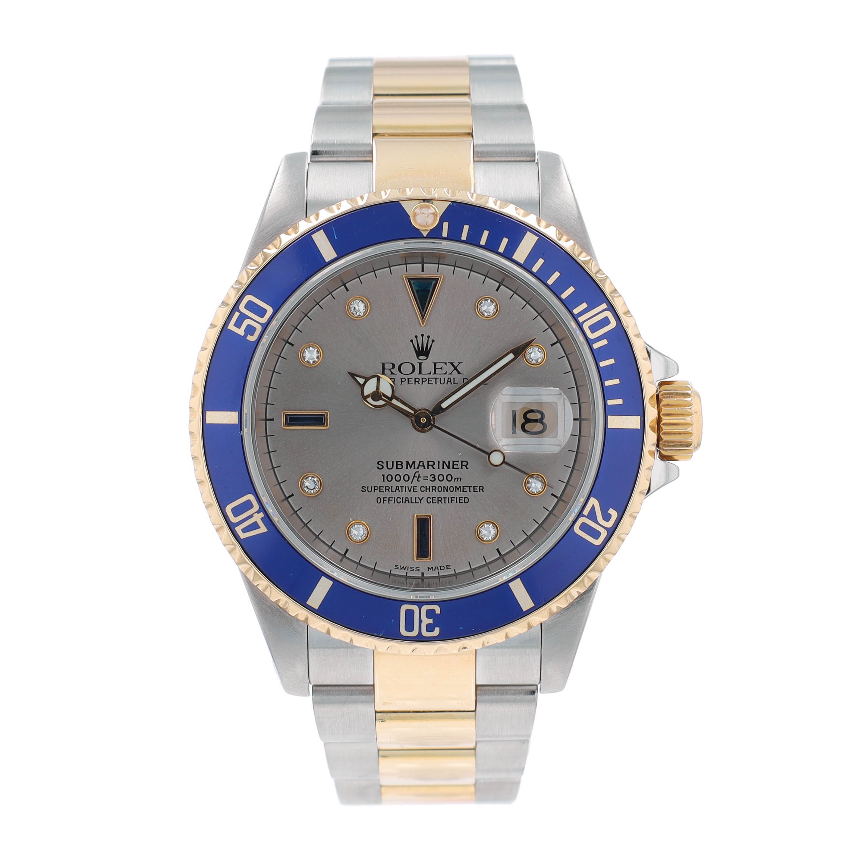 B&P Rolex Submariner 16613 40mm Grey Diamond + 2 baguette Dial Rotatable Bezel with blue Insert Bezel Oyster Band - Luxuriant Concierge