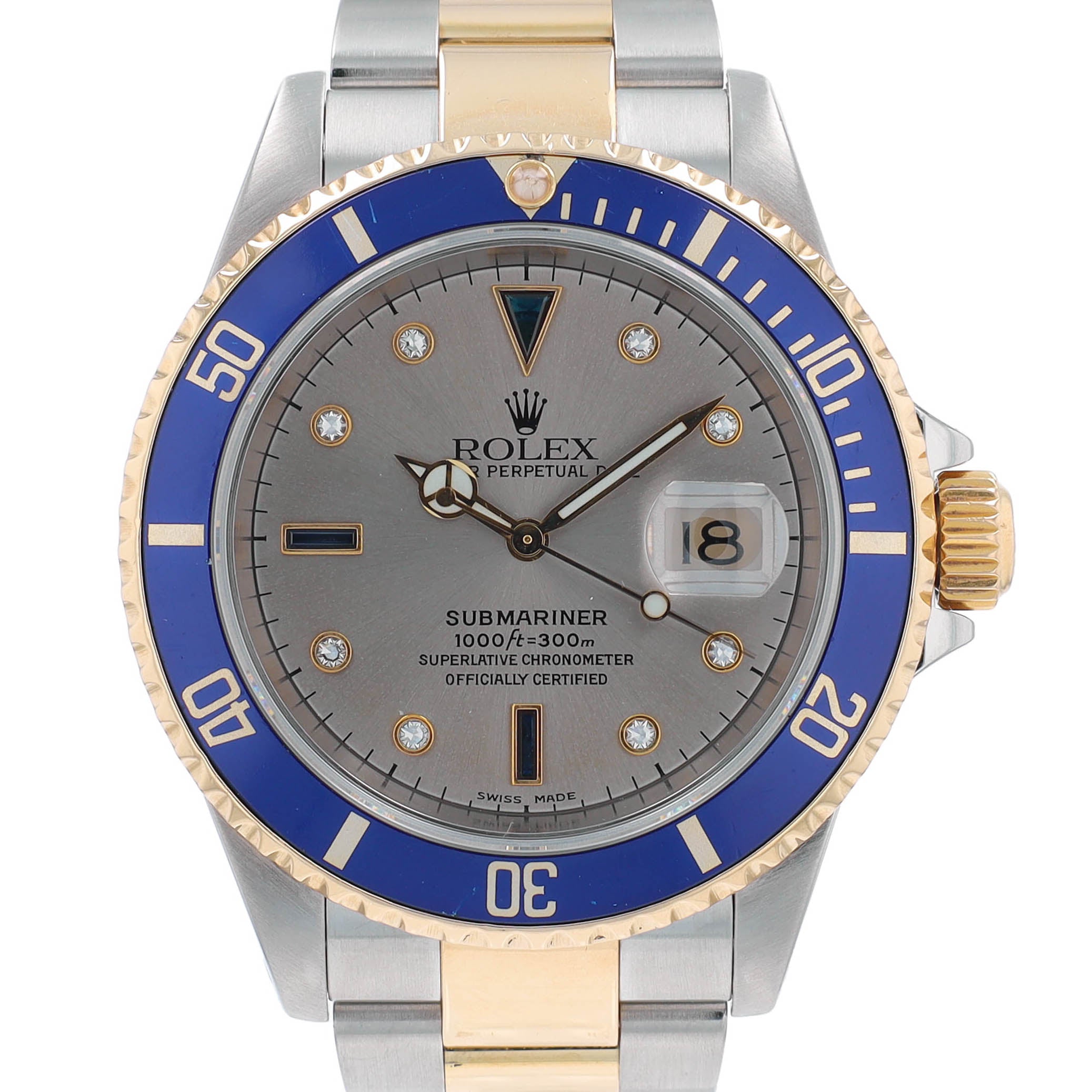 B&P Rolex Submariner 16613 40mm Grey Diamond + 2 baguette Dial Rotatable Bezel with blue Insert Bezel Oyster Band - Luxuriant Concierge