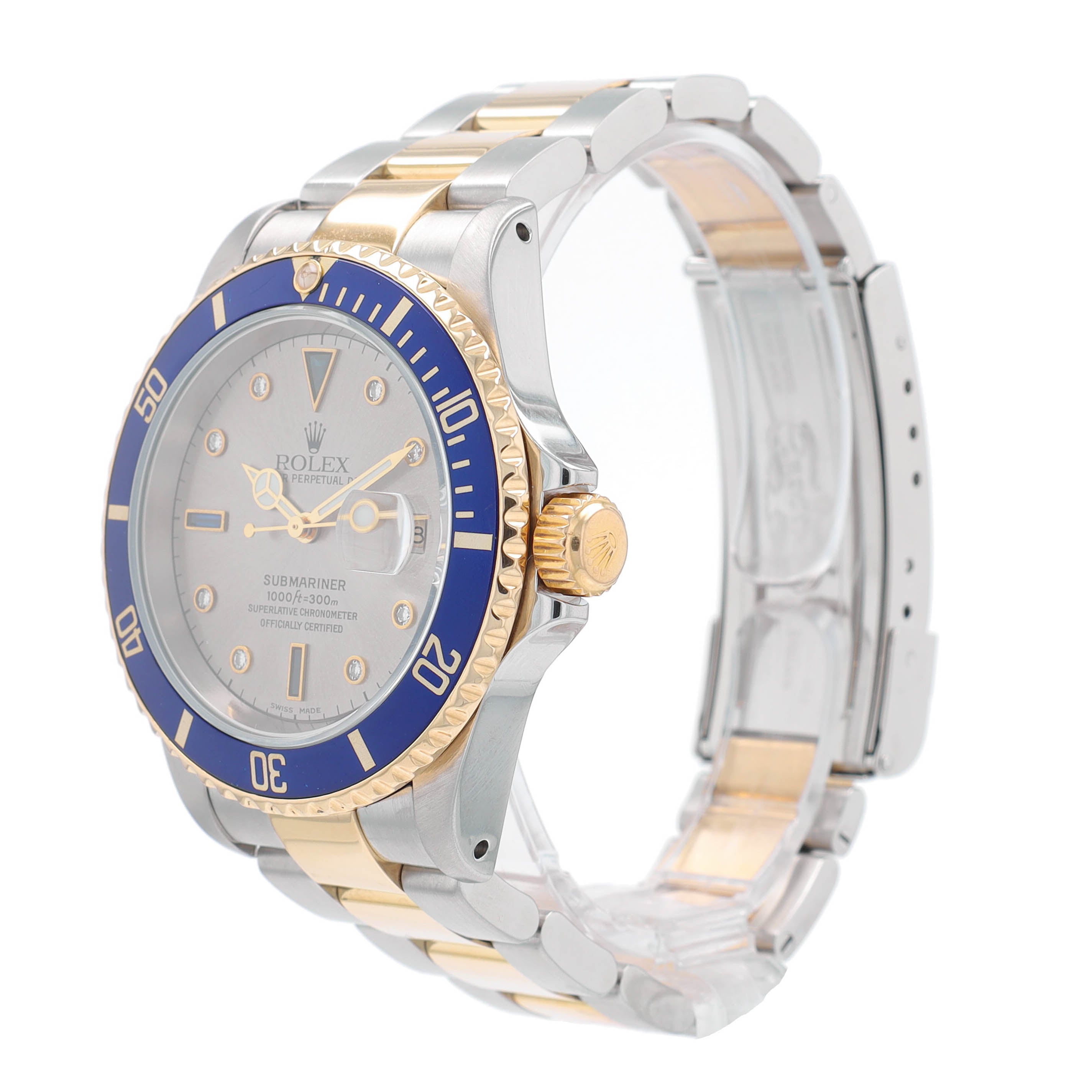 B&P Rolex Submariner 16613 40mm Grey Diamond + 2 baguette Dial Rotatable Bezel with blue Insert Bezel Oyster Band - Luxuriant Concierge