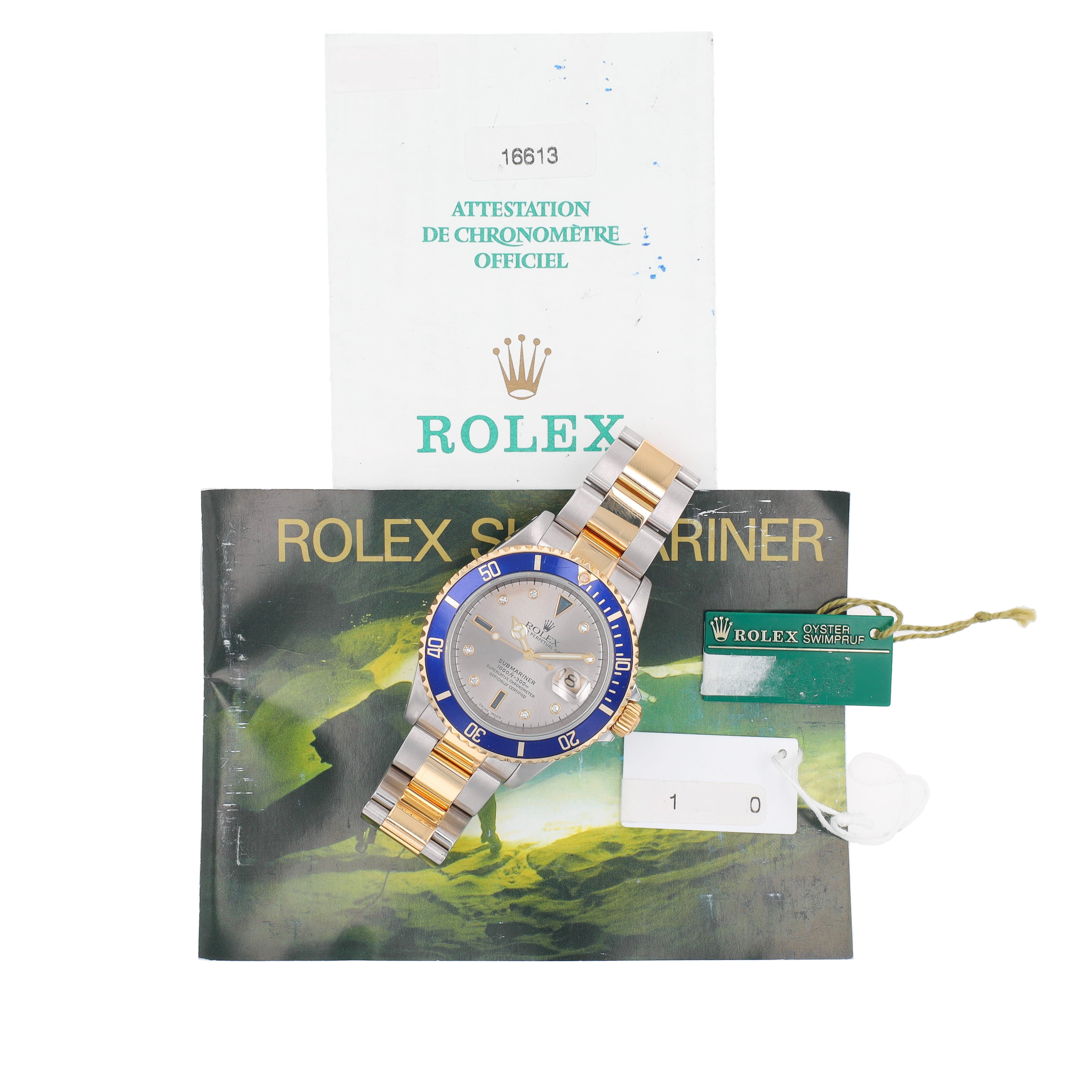 B&P Rolex Submariner 16613 40mm Grey Diamond + 2 baguette Dial Rotatable Bezel with blue Insert Bezel Oyster Band - Luxuriant Concierge