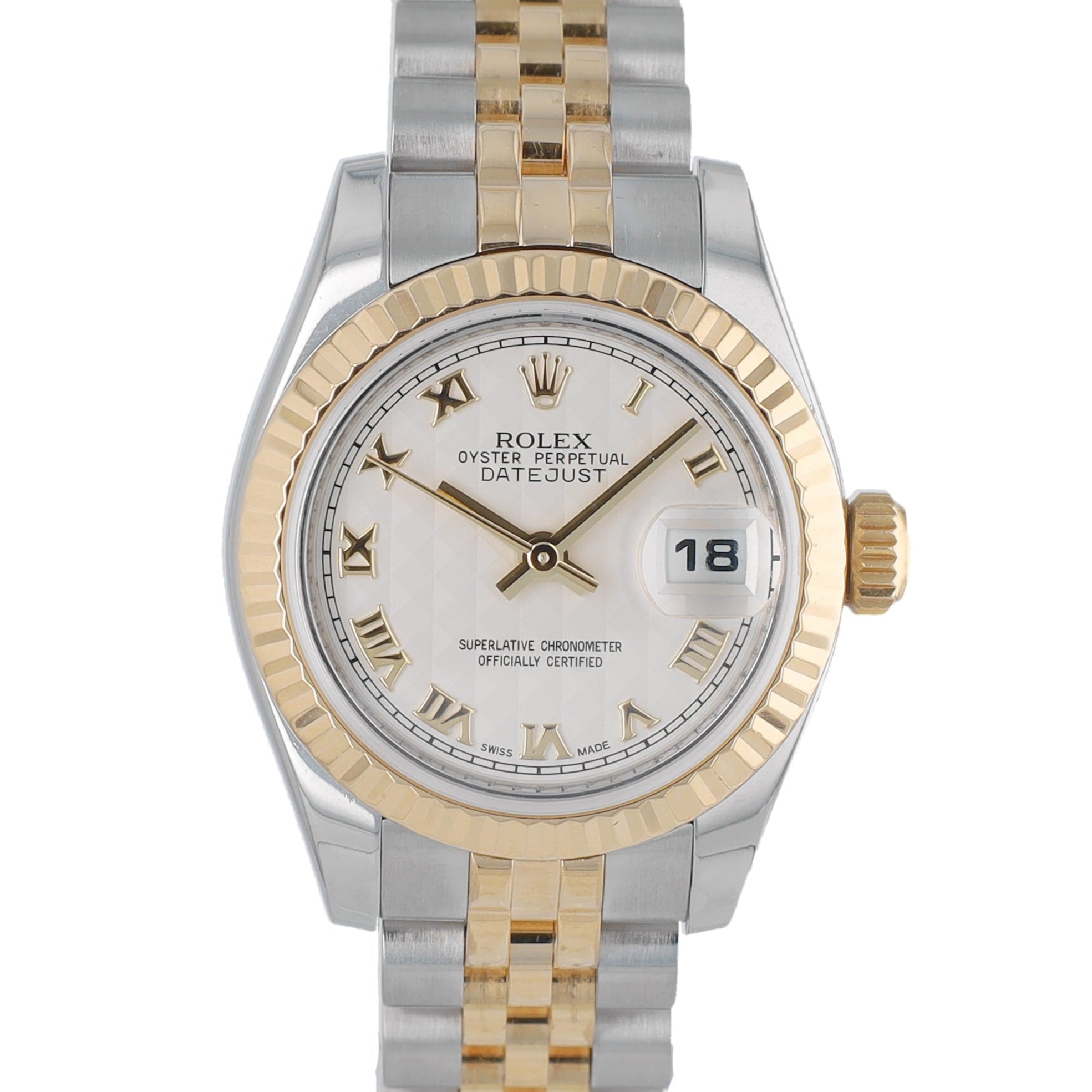 B&P Rolex Datejust 179173 26mm Cream Pyramid Roman Numeral Dial Fluted Bezel Jubilee Band - Luxuriant Concierge