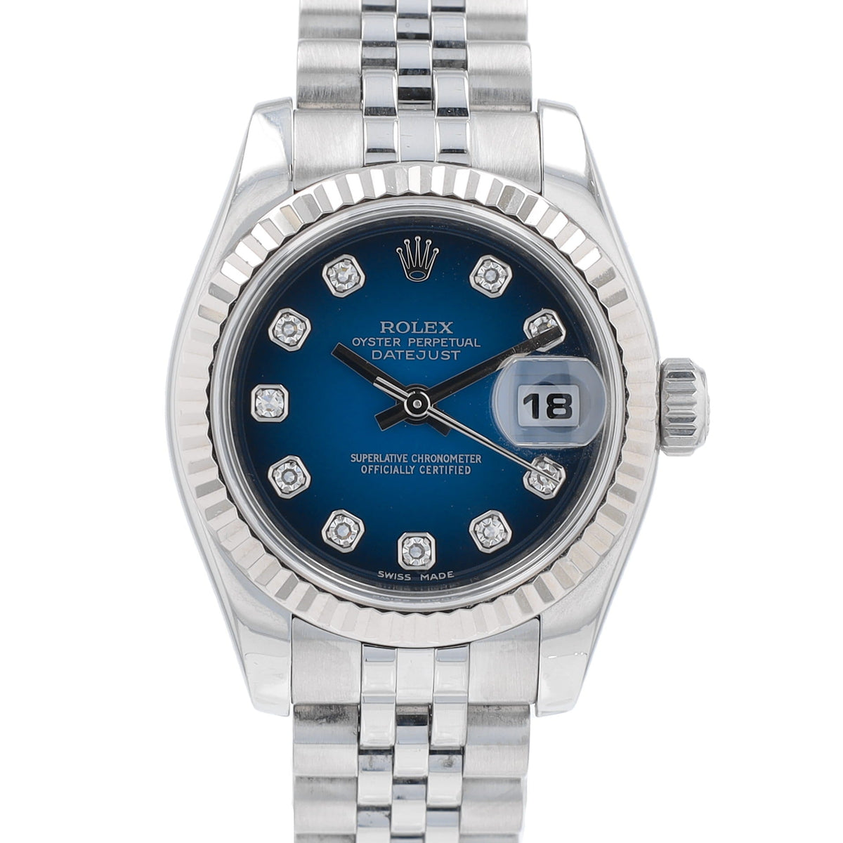 B&P Rolex Datejust 179174 26mm Blue Diamonds Dial Fluted Bezel Jubilee Band - Luxuriant Concierge