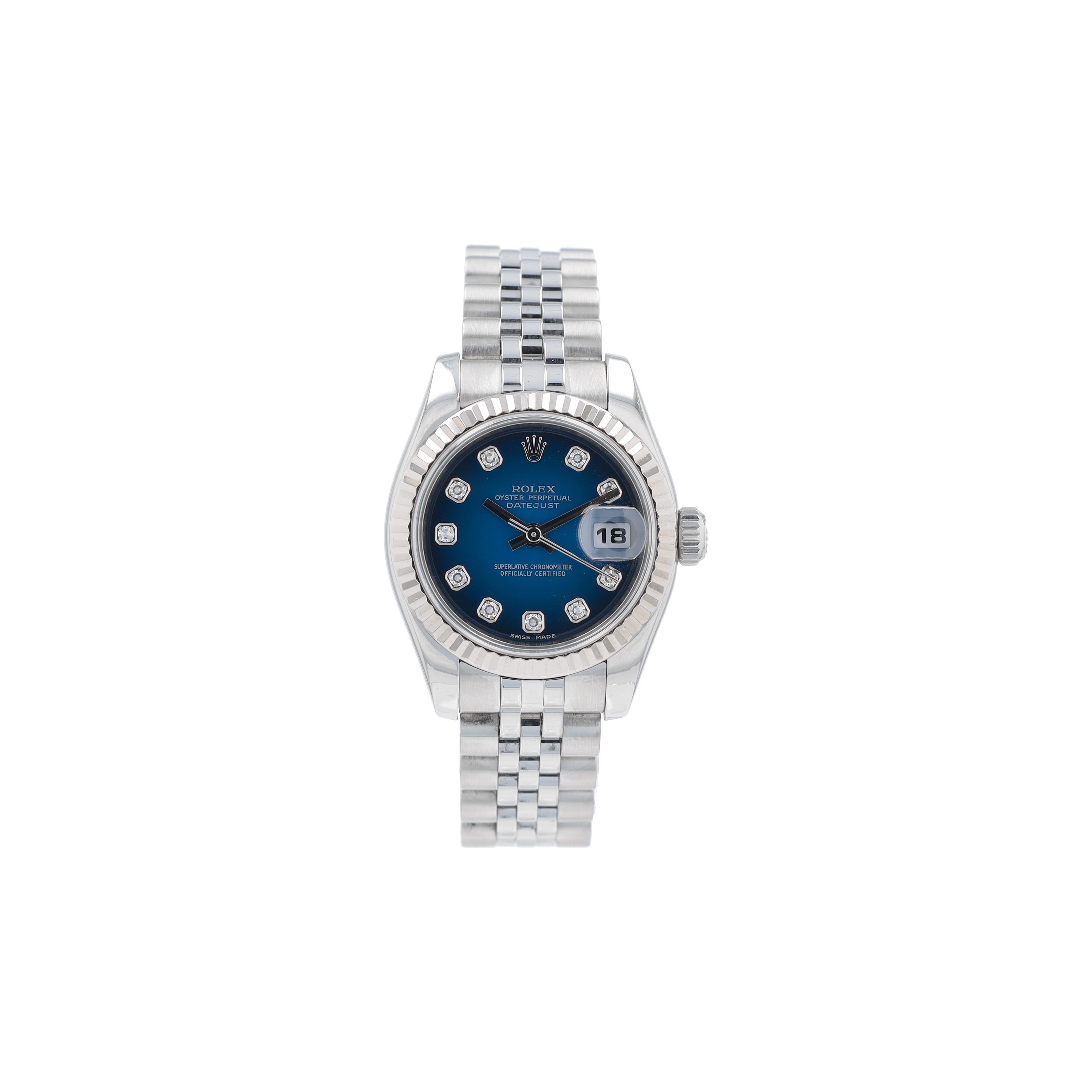 B&P Rolex Datejust 179174 26mm Blue Diamonds Dial Fluted Bezel Jubilee Band - Luxuriant Concierge