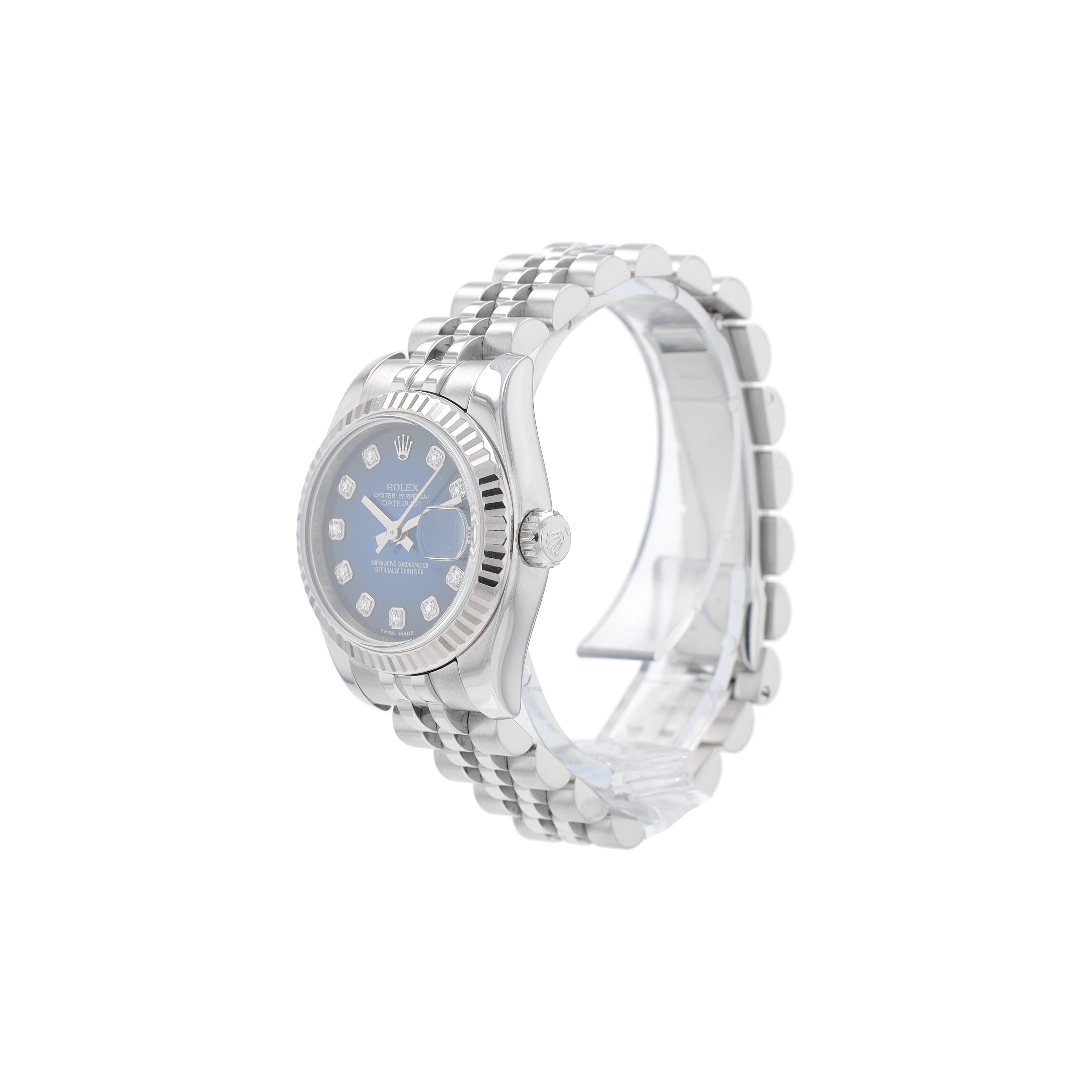 B&P Rolex Datejust 179174 26mm Blue Diamonds Dial Fluted Bezel Jubilee Band - Luxuriant Concierge
