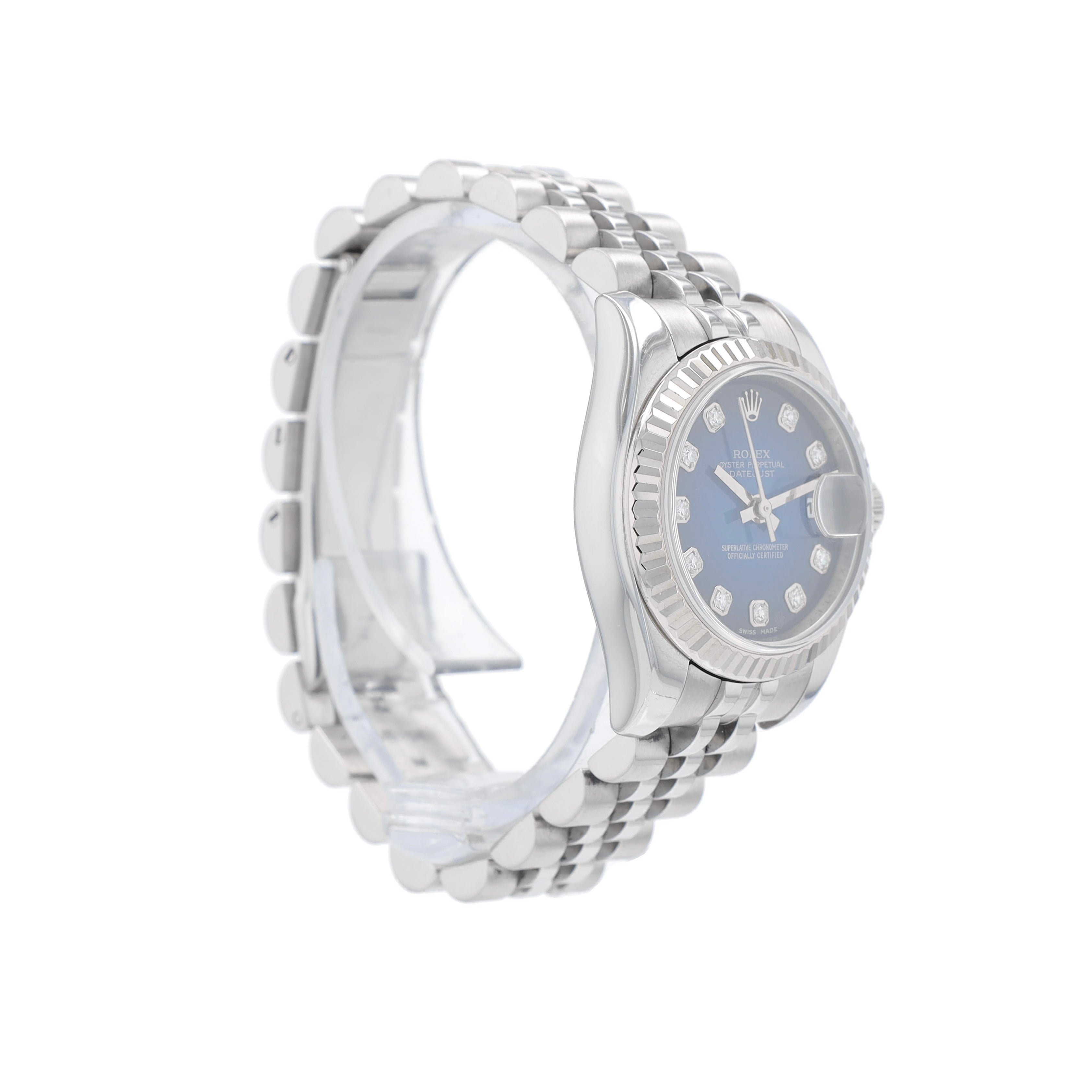 B&P Rolex Datejust 179174 26mm Blue Diamonds Dial Fluted Bezel Jubilee Band - Luxuriant Concierge