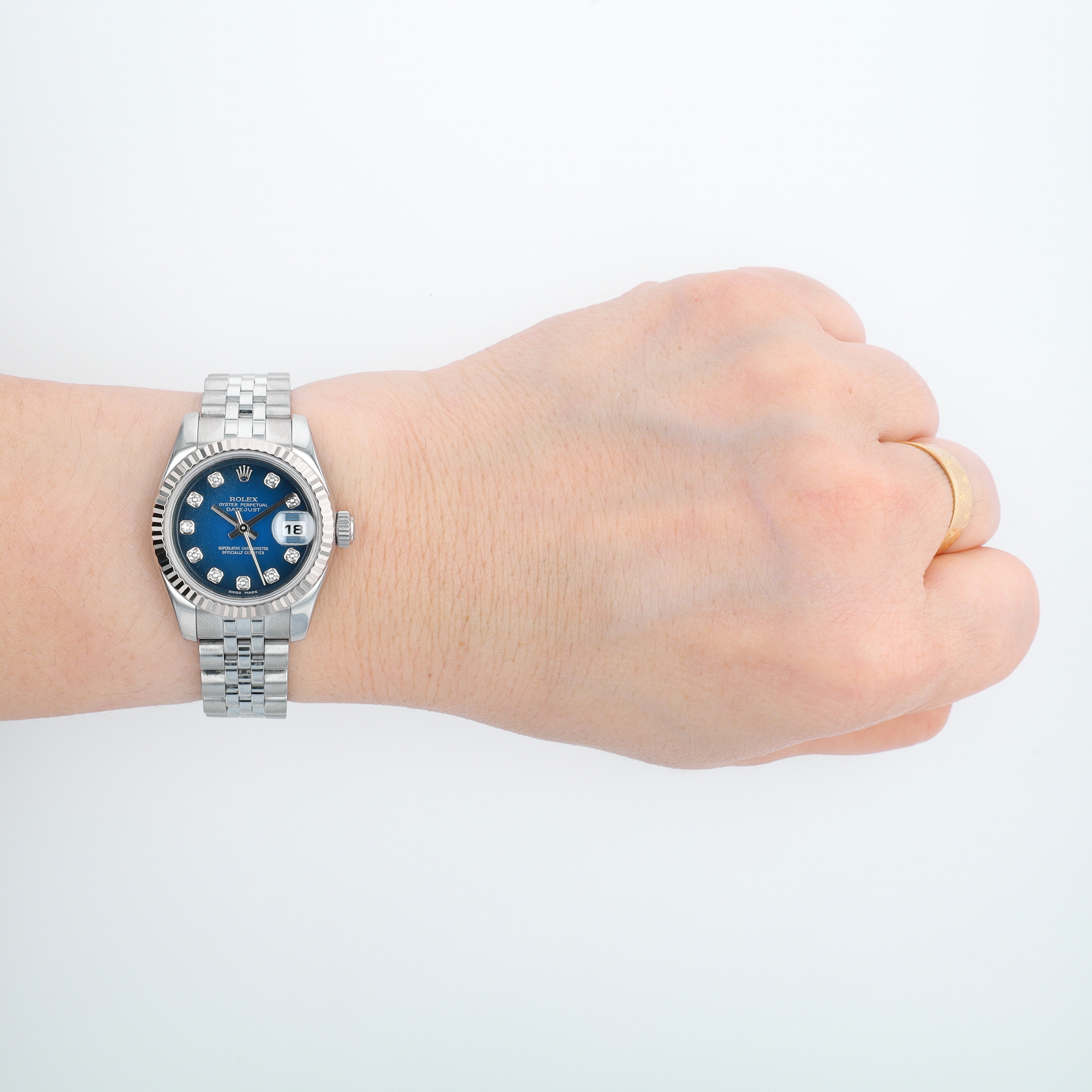 B&P Rolex Datejust 179174 26mm Blue Diamonds Dial Fluted Bezel Jubilee Band - Luxuriant Concierge
