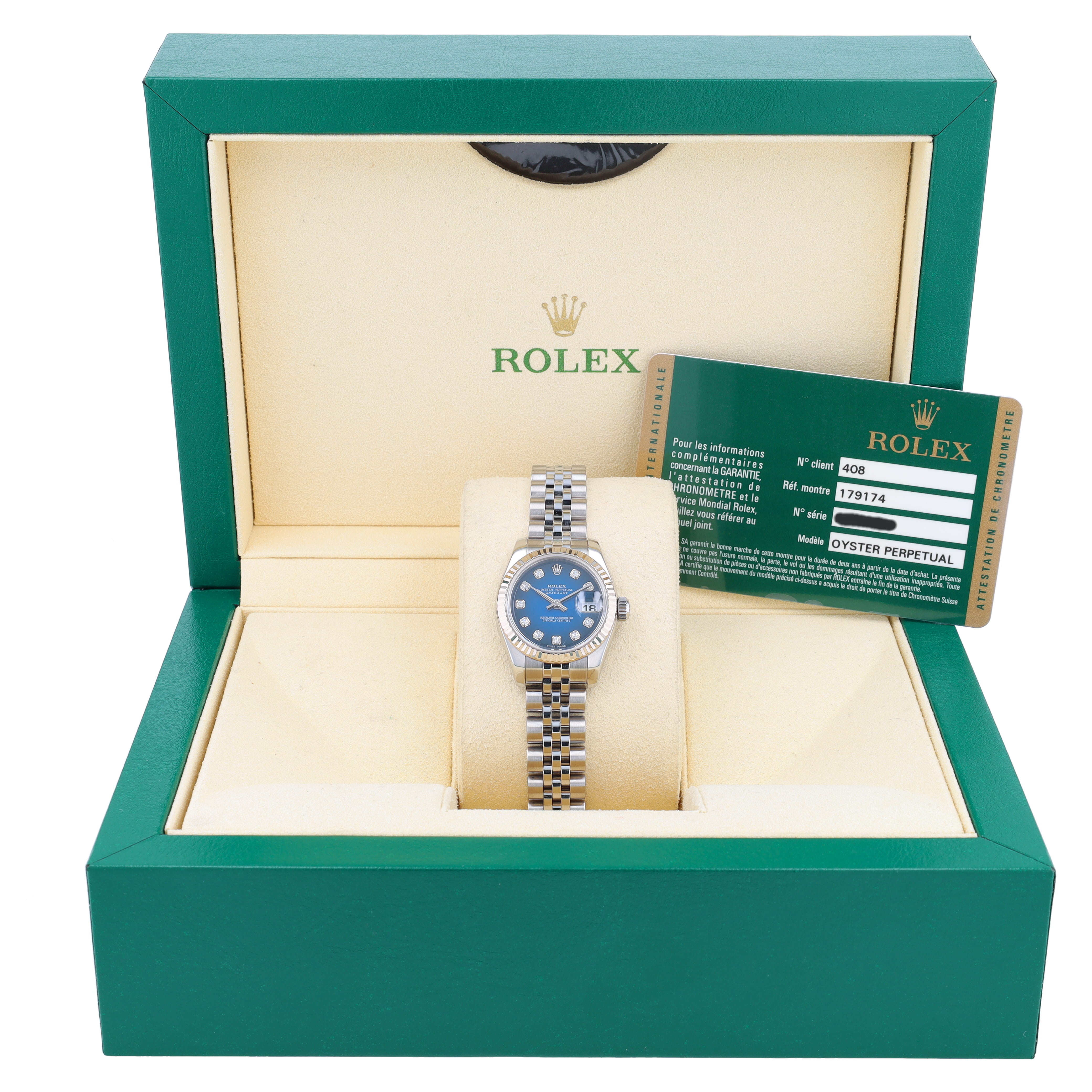 B&P Rolex Datejust 179174 26mm Blue Diamonds Dial Fluted Bezel Jubilee Band - Luxuriant Concierge