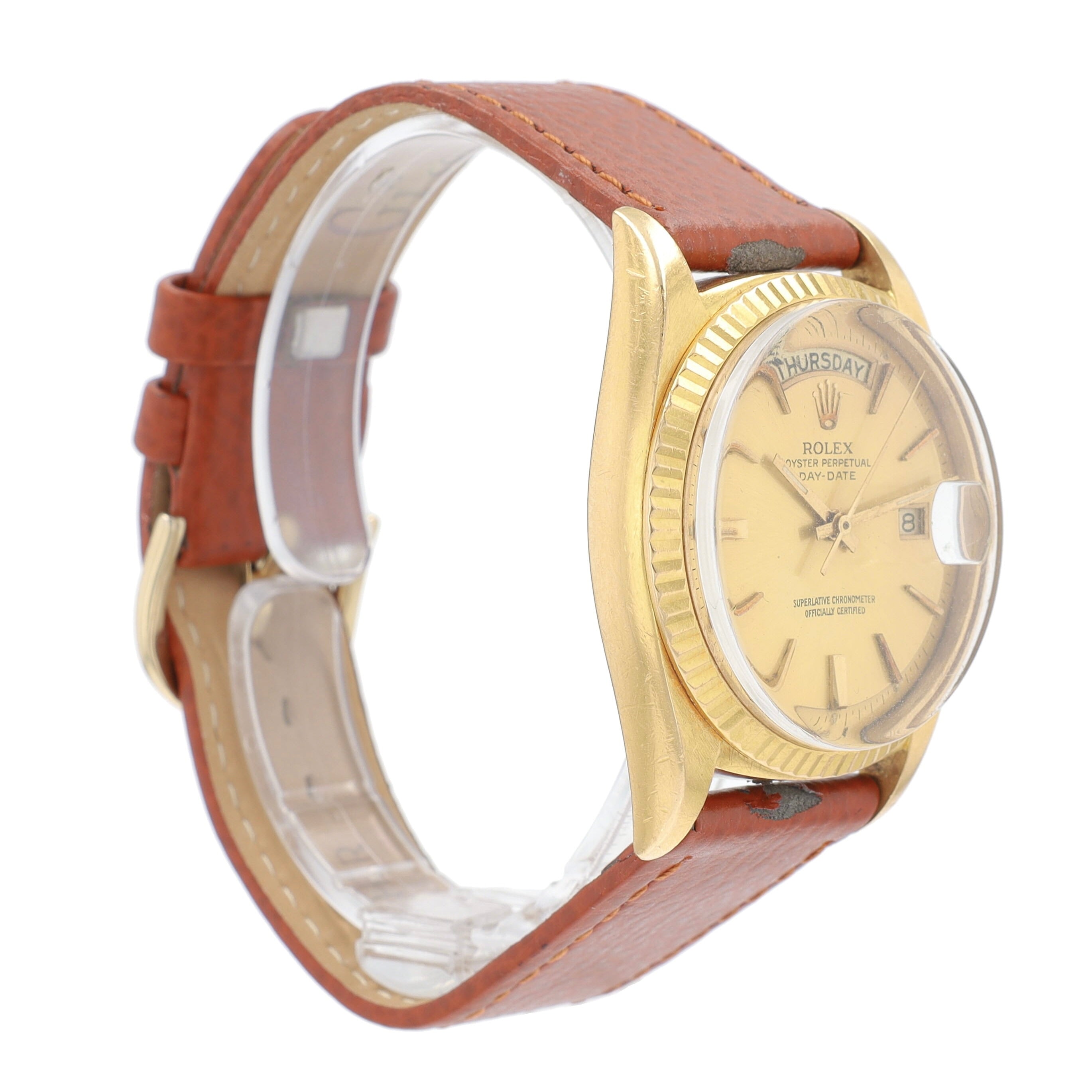 Rolex Day-Date 1803 36mm Champagne Index Dial Fluted Bezel Leather Band