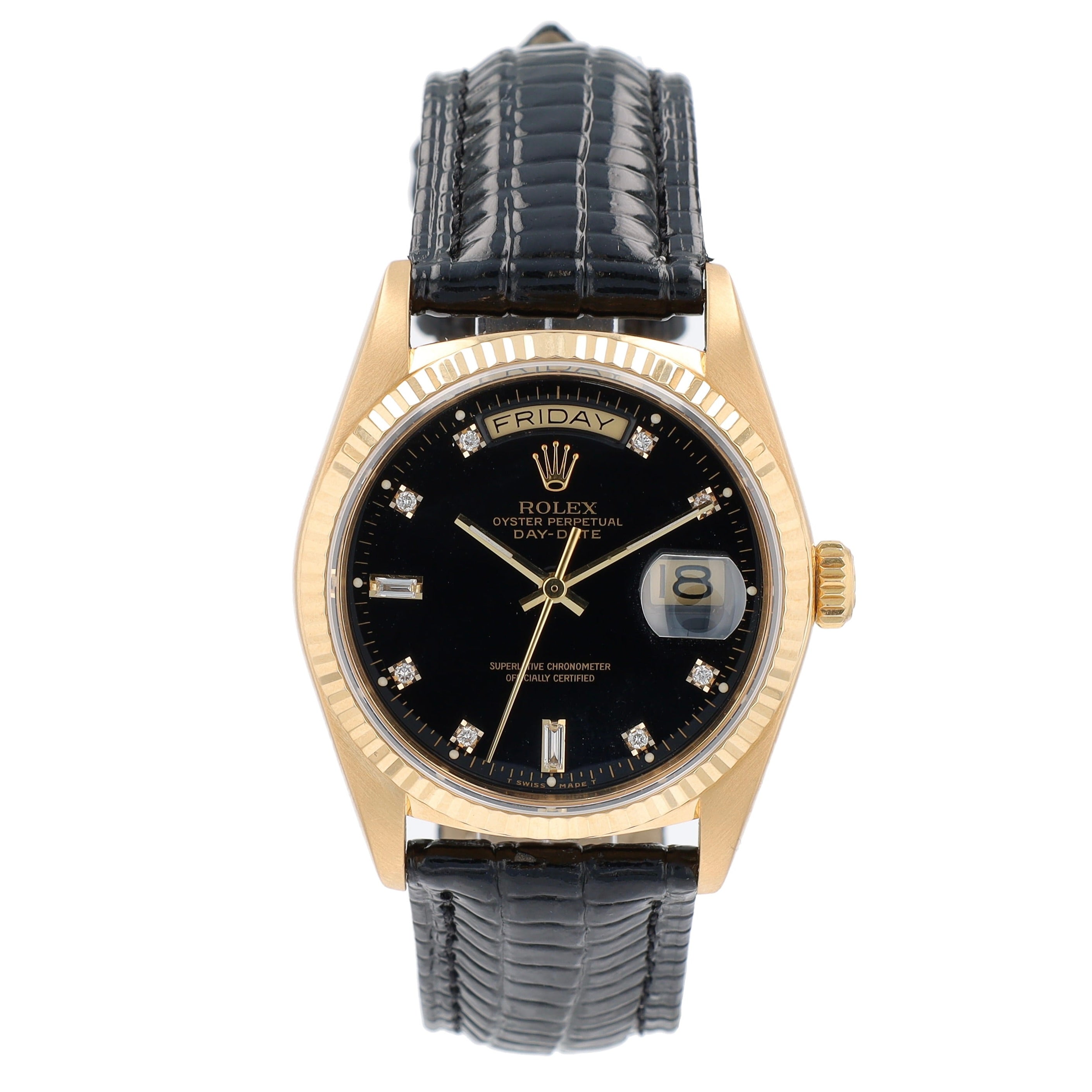 Rolex Day-Date 18038 36mm Black 8+2 Baguette Dial Fluted Bezel Leather Band