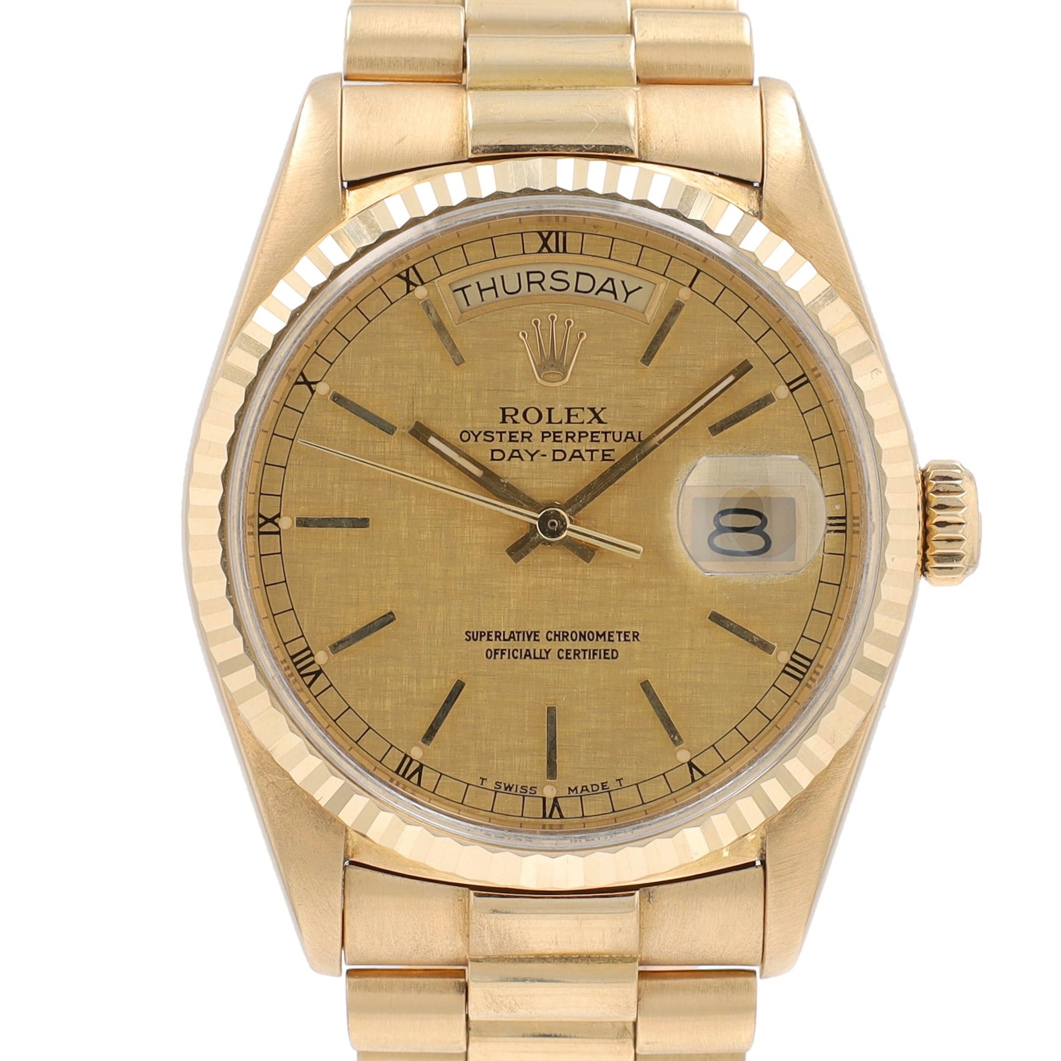 Rolex Day-Date 18038 36mm Champagne Linen Index Dial Fluted Bezel President Band
