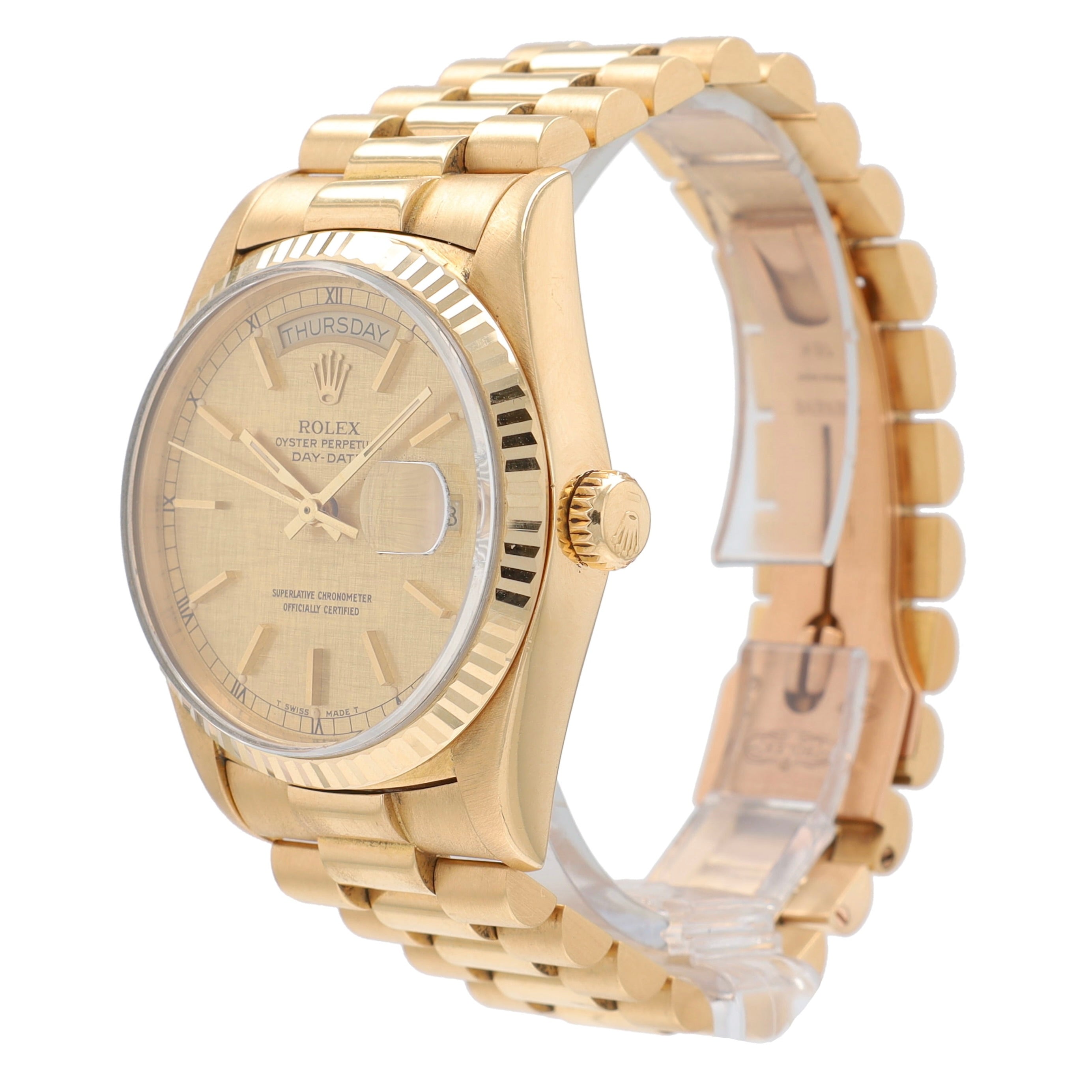 Rolex Day-Date 18038 36mm Champagne Linen Index Dial Fluted Bezel President Band