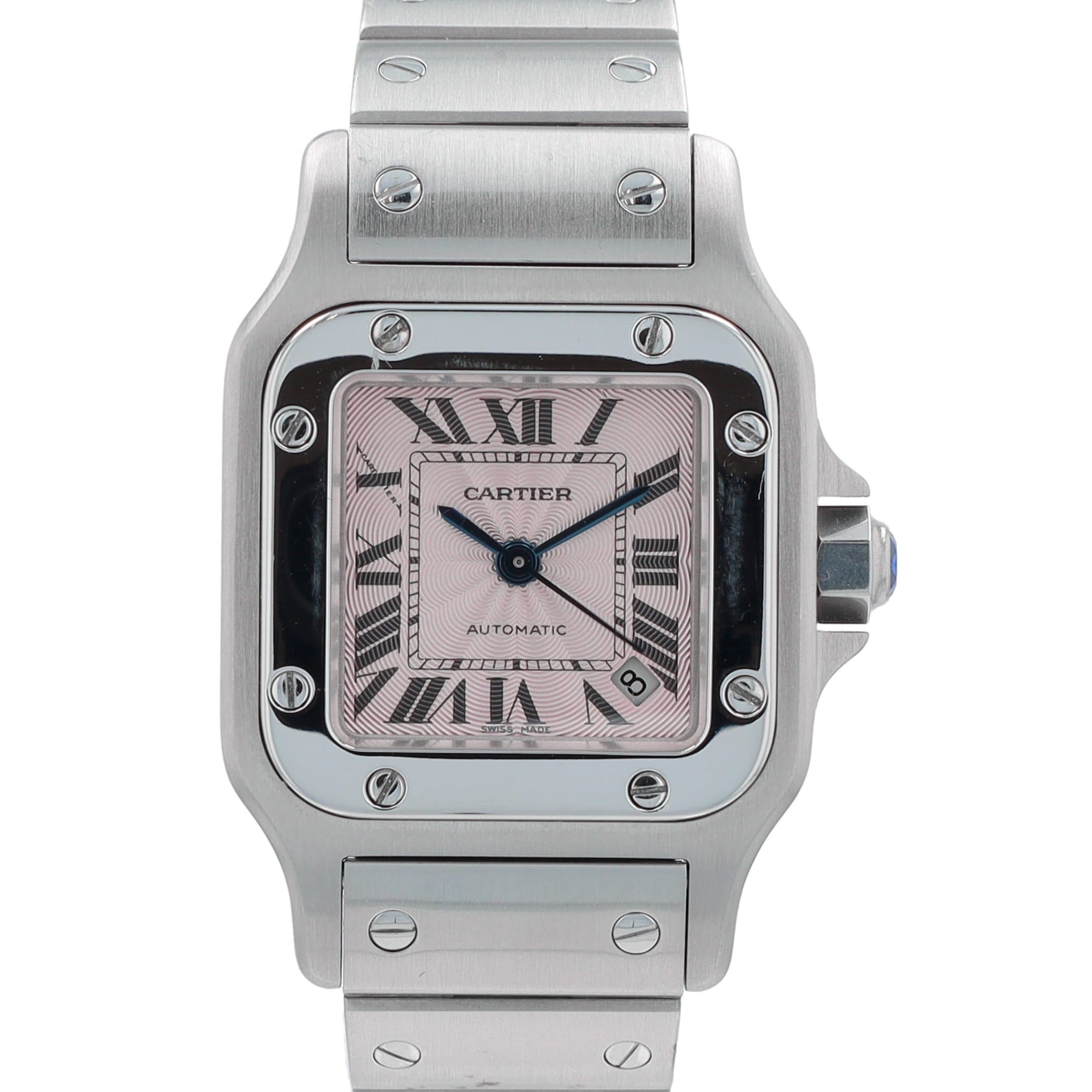 Cartier Santos 2423  Pink Roman Numeral Dial Fixed Bezel Cartier Stainless W/ Screws Band - Luxuriant Concierge