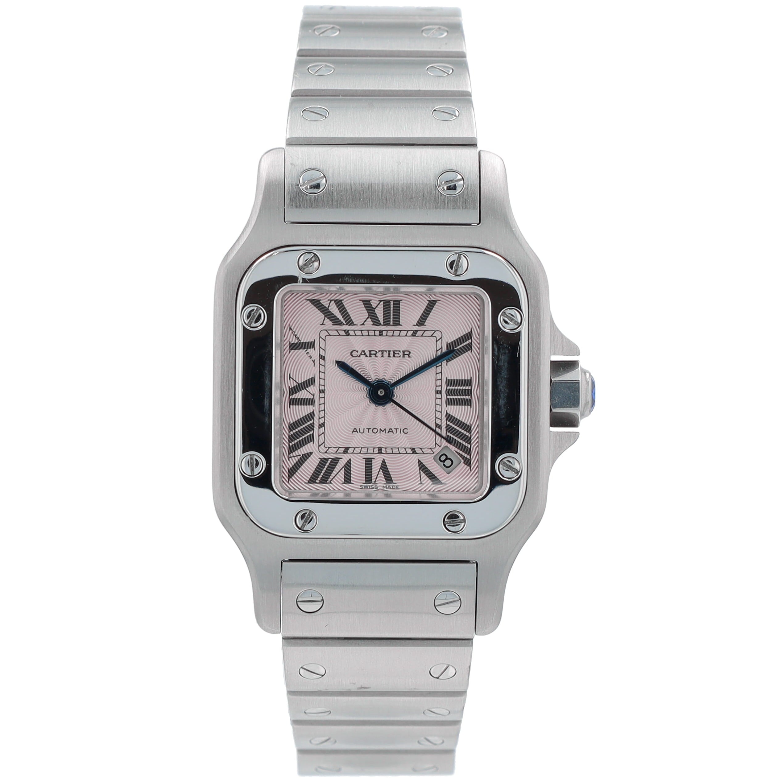Cartier Santos 2423  Pink Roman Numeral Dial Fixed Bezel Cartier Stainless W/ Screws Band - Luxuriant Concierge