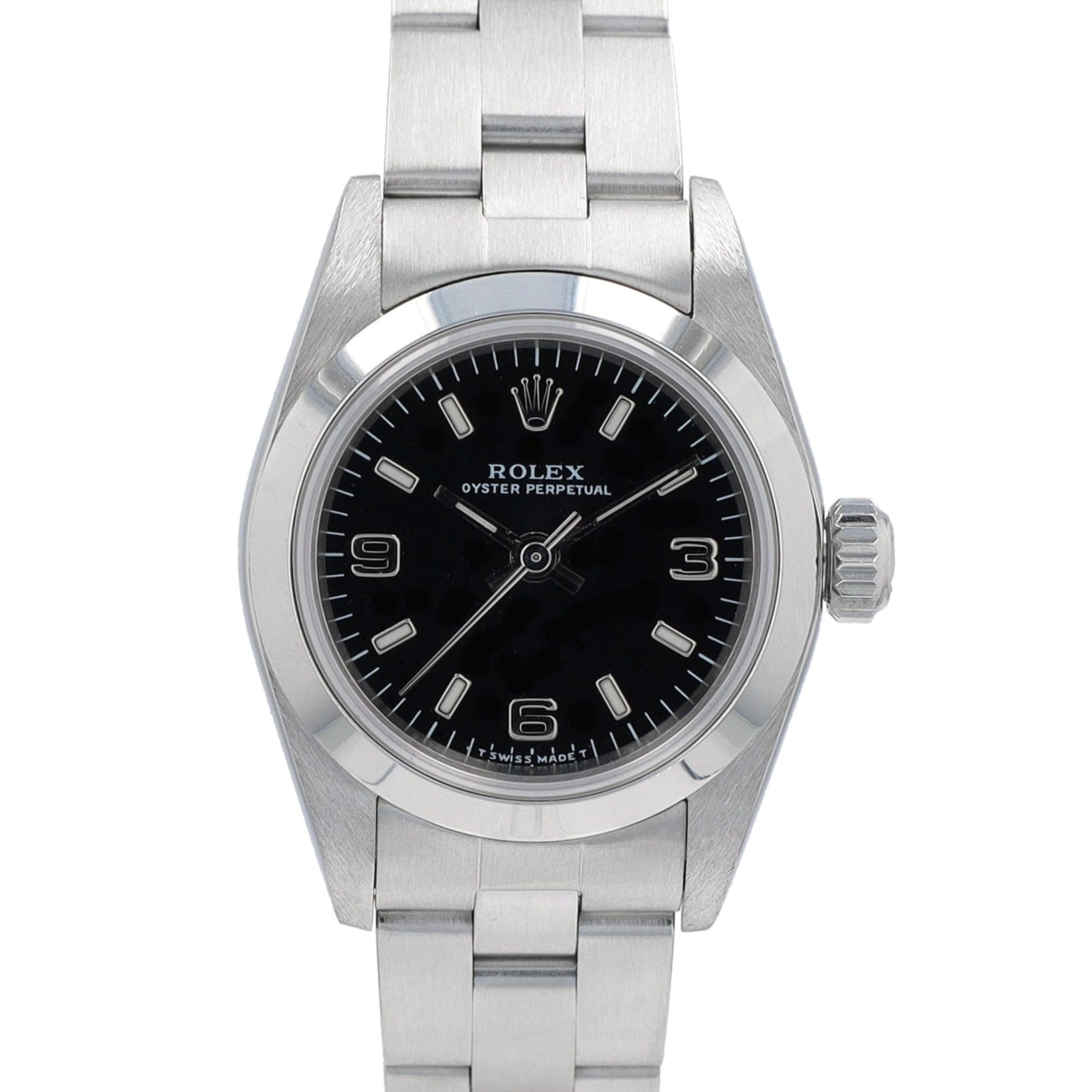 Rolex Oyster Perpetual 67180 26mm Black  Luminous & Arabic Dial Smooth Bezel Oyster Band - Luxuriant Concierge