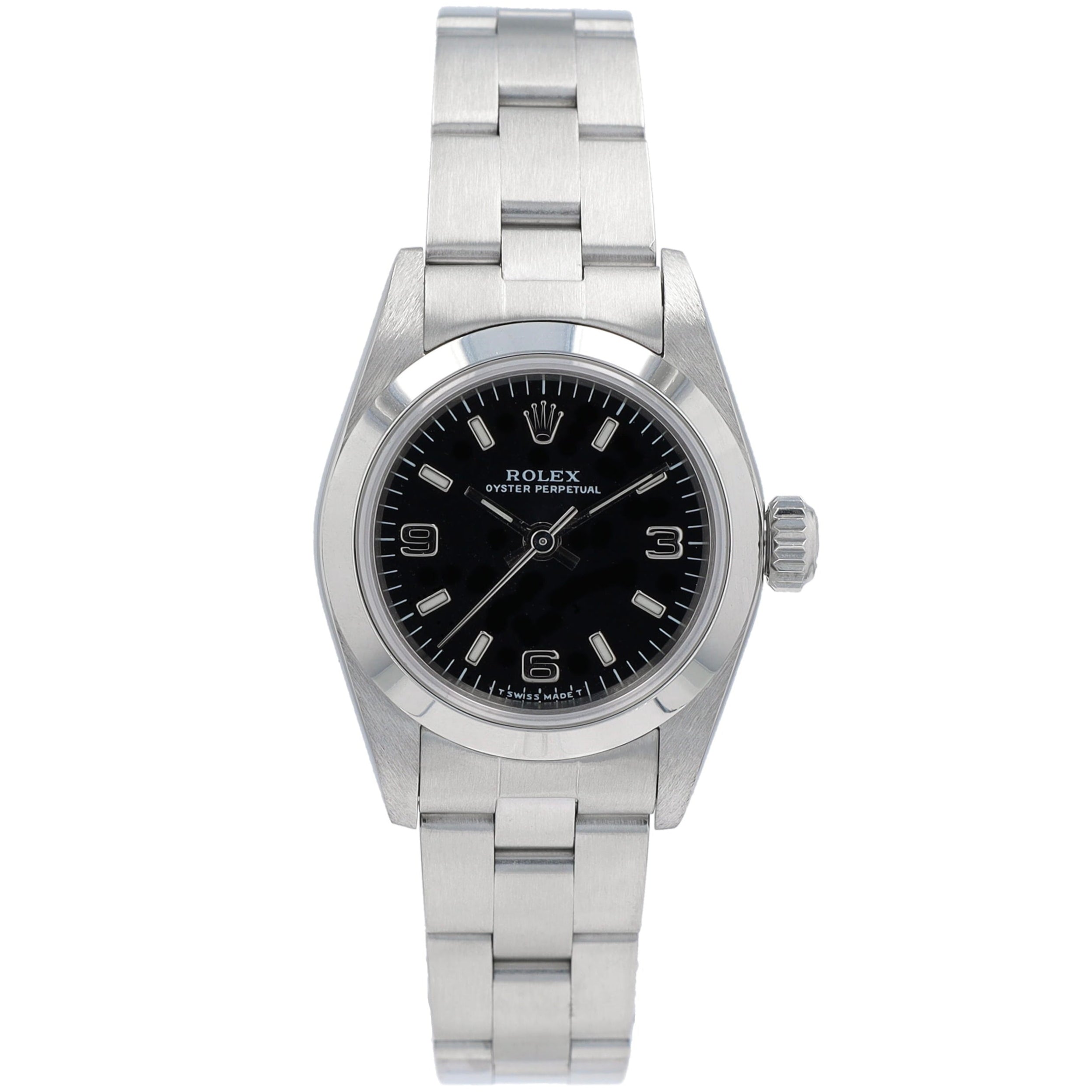 Rolex Oyster Perpetual 67180 26mm Black  Luminous & Arabic Dial Smooth Bezel Oyster Band - Luxuriant Concierge
