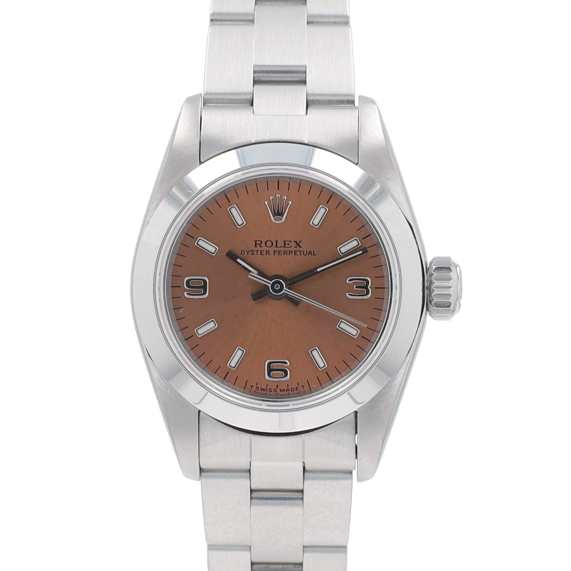 Rolex Oyster perpetual 67180 26mm Salmon Index Dial Smooth Bezel Jubilee Band - Luxuriant Concierge
