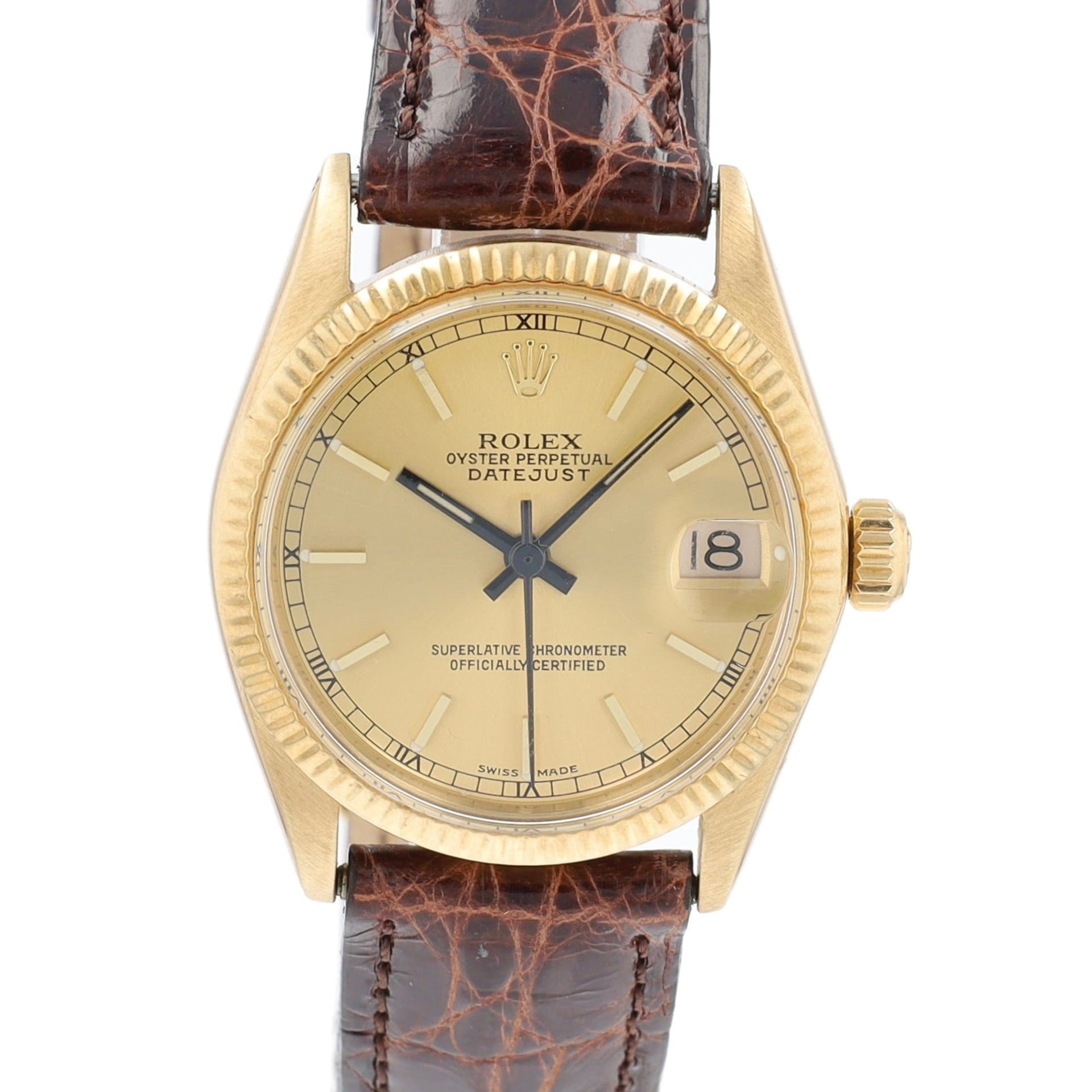 Rolex Datejust  6827 31mm Champagne Index Dial Fluted Bezel Dark Brown Band - Luxuriant Concierge