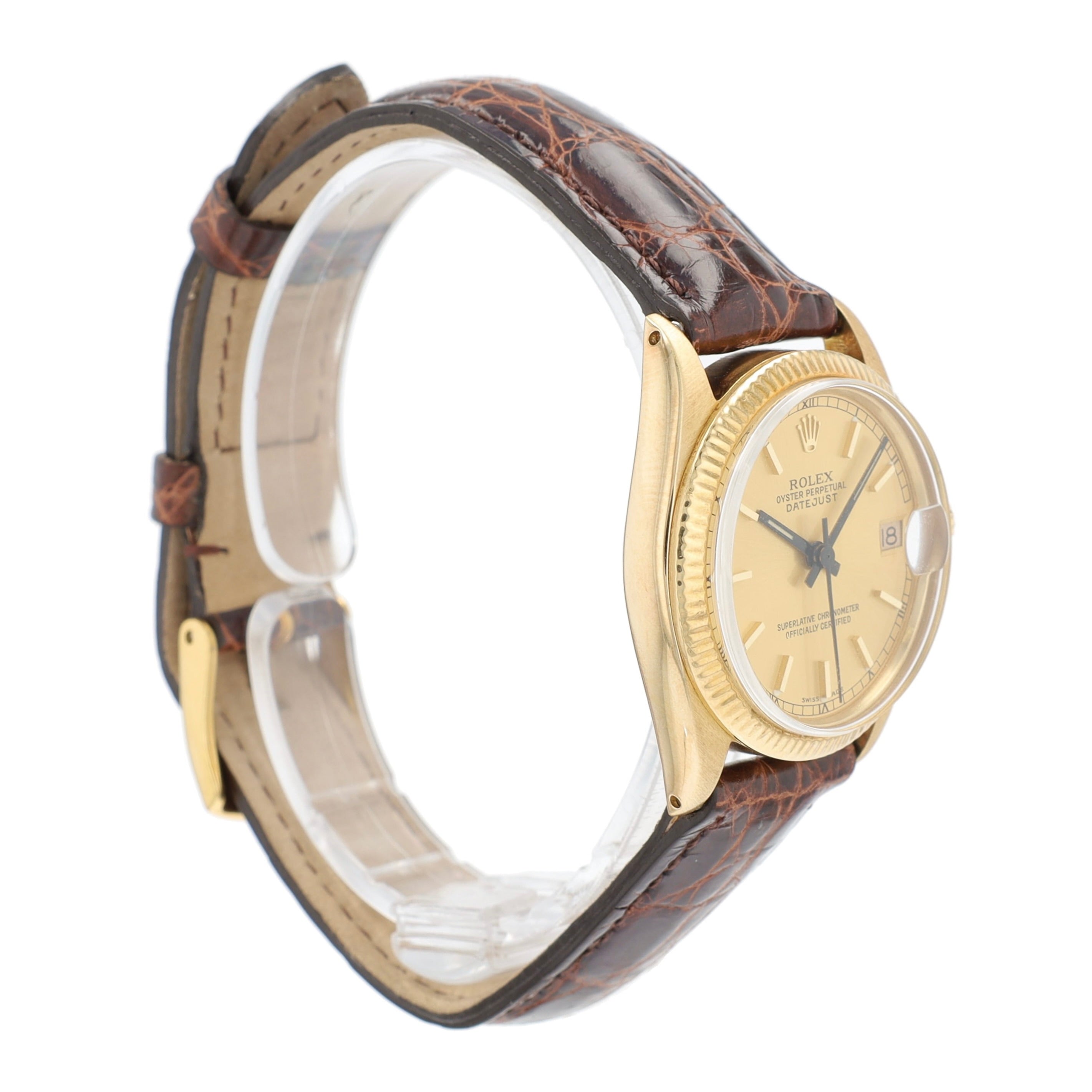 Rolex Datejust  6827 31mm Champagne Index Dial Fluted Bezel Dark Brown Band