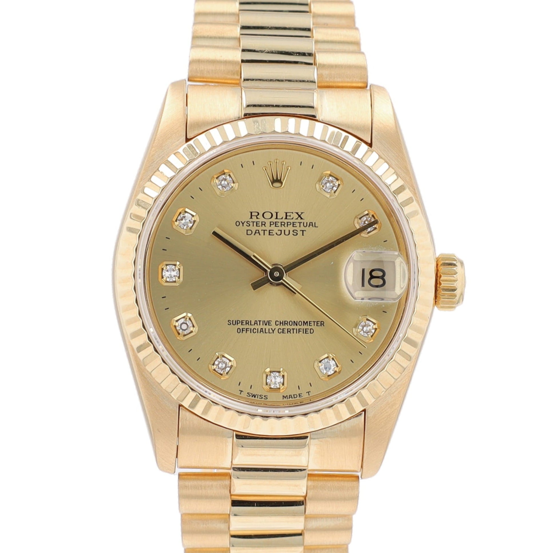 Rolex Datejust 68278 31mm Champagne Diamonds (O.S) Dial Fluted Bezel President Band - Luxuriant Concierge