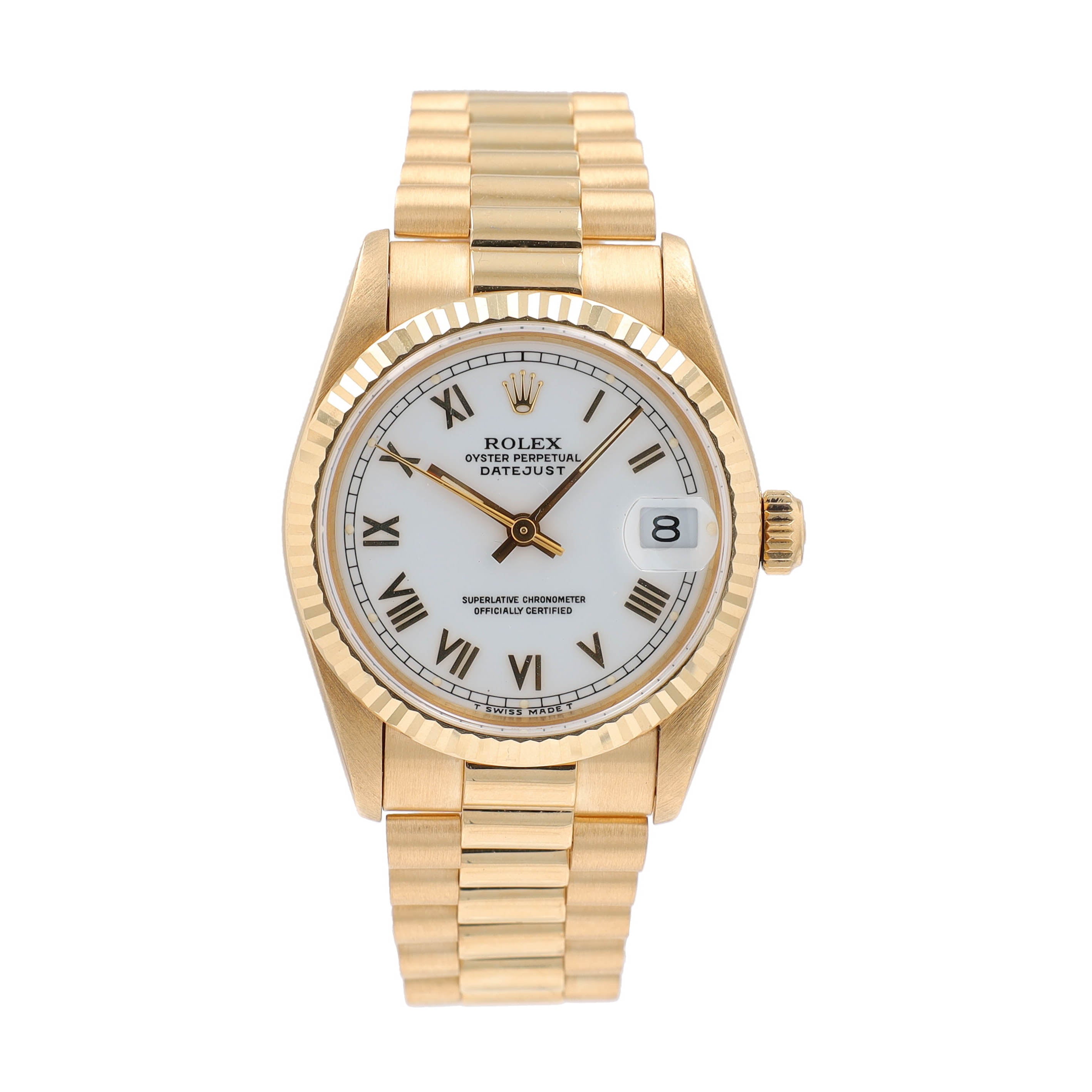 Rolex Datejust 68278 31mm White Roman Numeral Dial Fluted Bezel President Band - Luxuriant Concierge
