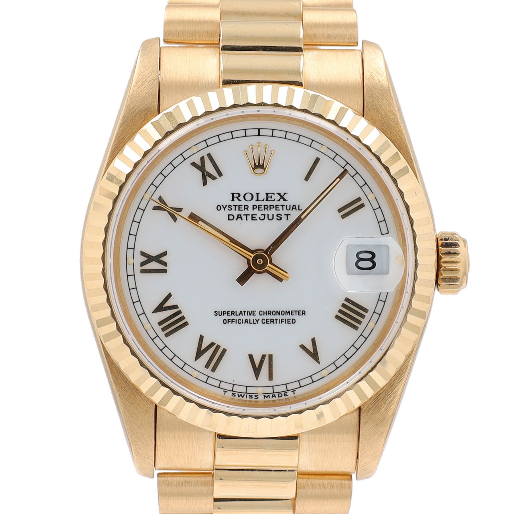 Rolex Datejust 68278 31mm White Roman Numeral Dial Fluted Bezel President Band - Luxuriant Concierge