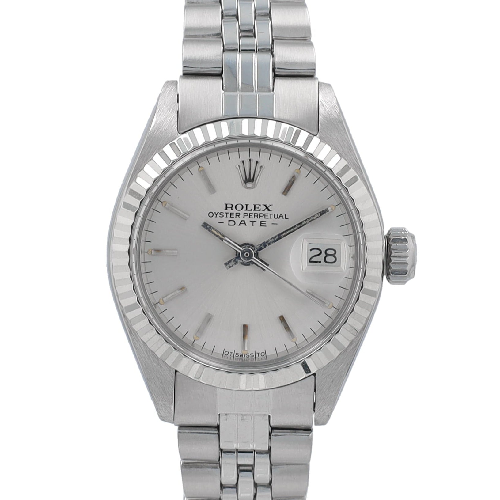 Rolex Date 6917 26mm Silver Index Dial Fluted Bezel Jubilee Band