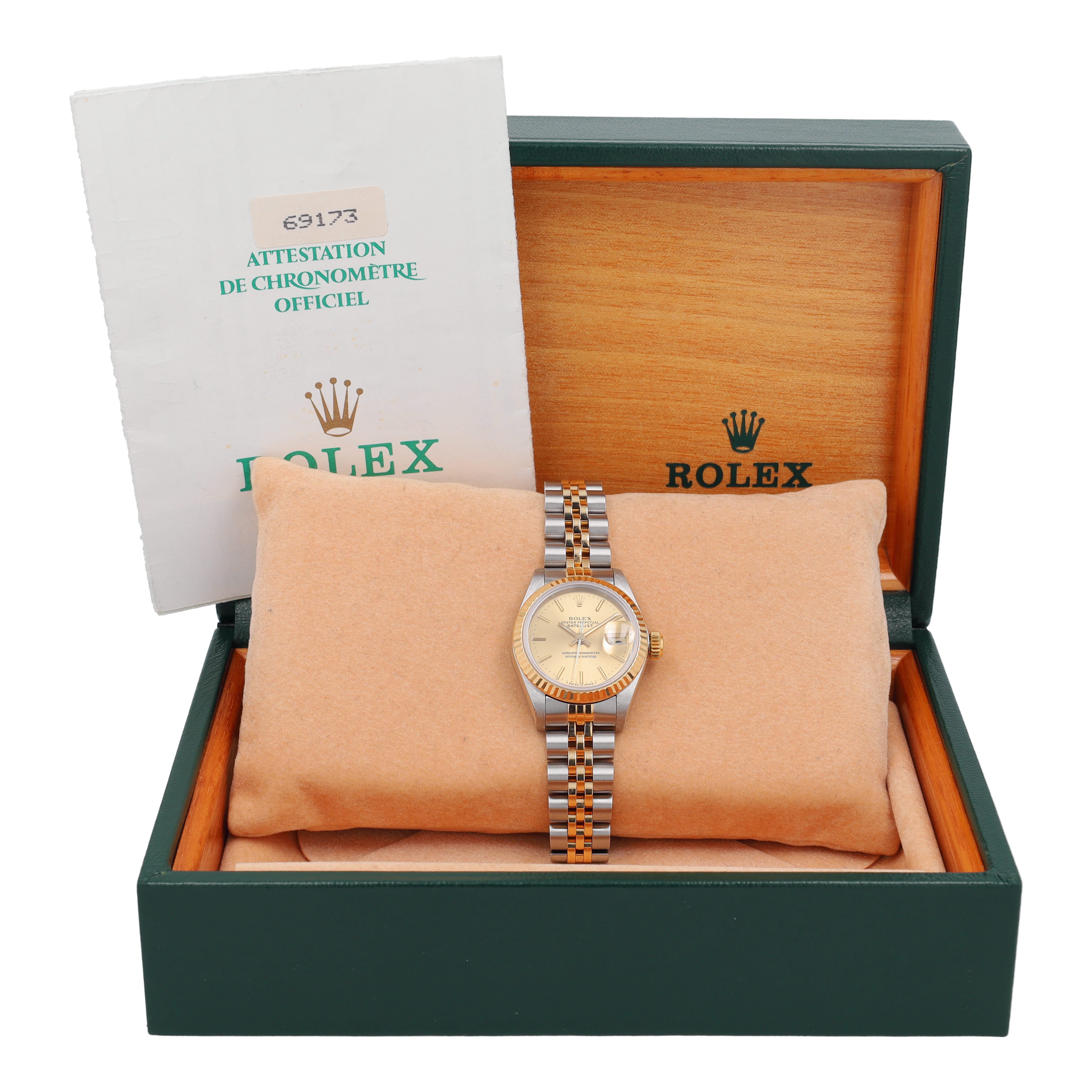 B&P Rolex Datejust  69173 26mm Champagne Index Dial Fluted Bezel Jubilee Band - Luxuriant Concierge