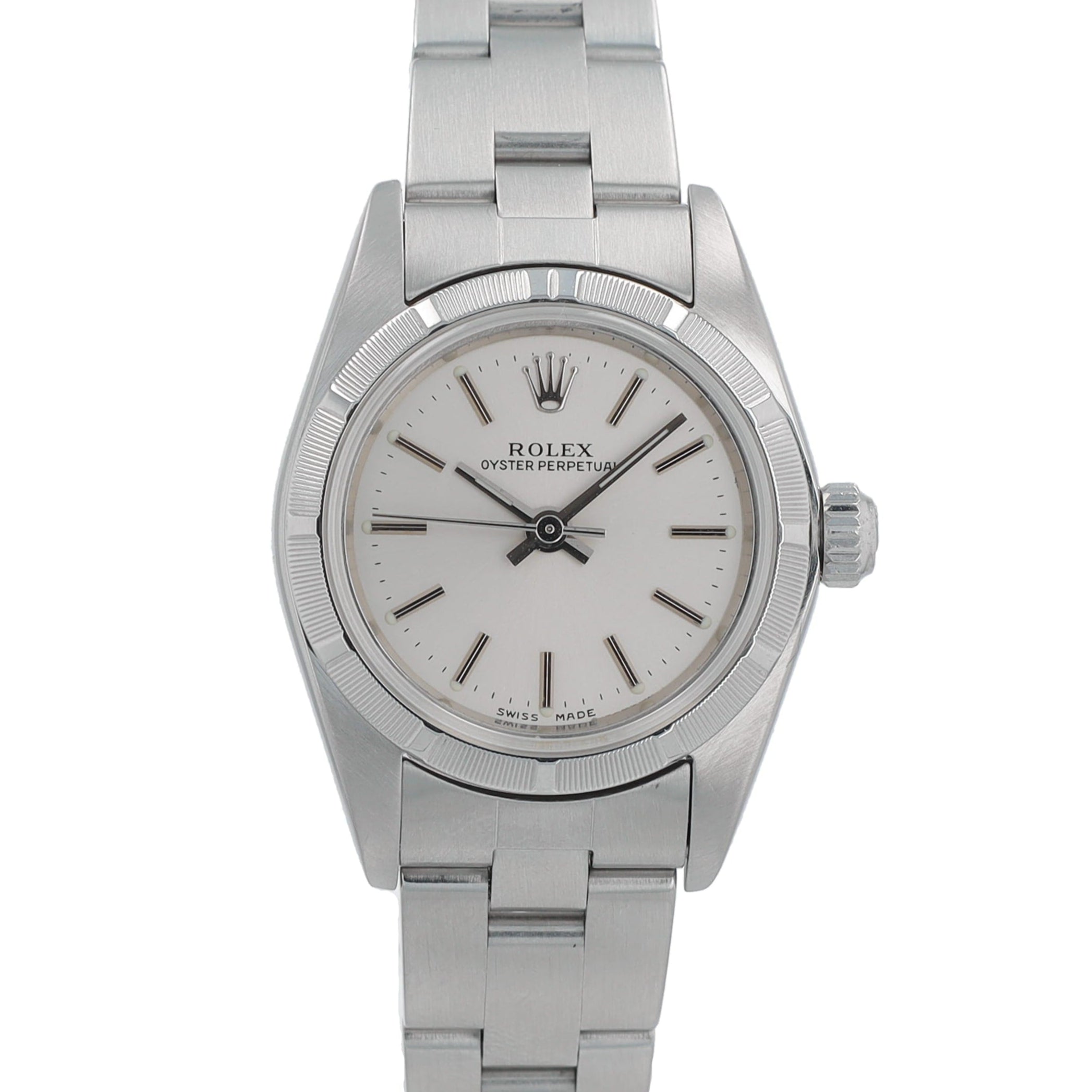 Rolex Oyster Perpetual 76030 26mm Silver Index Dial Engine Turned Bezel Oyster Band - Luxuriant Concierge