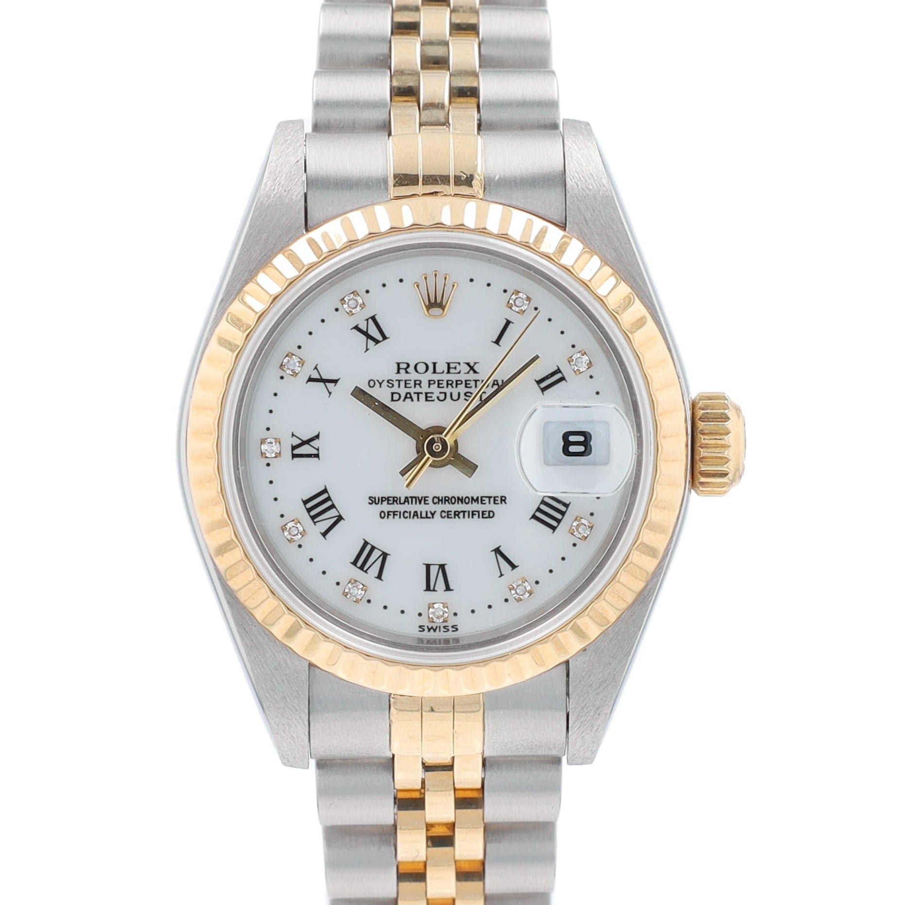 Rolex Datejust 79173 26mm White Roman & Diamond Dial Fluted Bezel Jubilee Band - Luxuriant Concierge