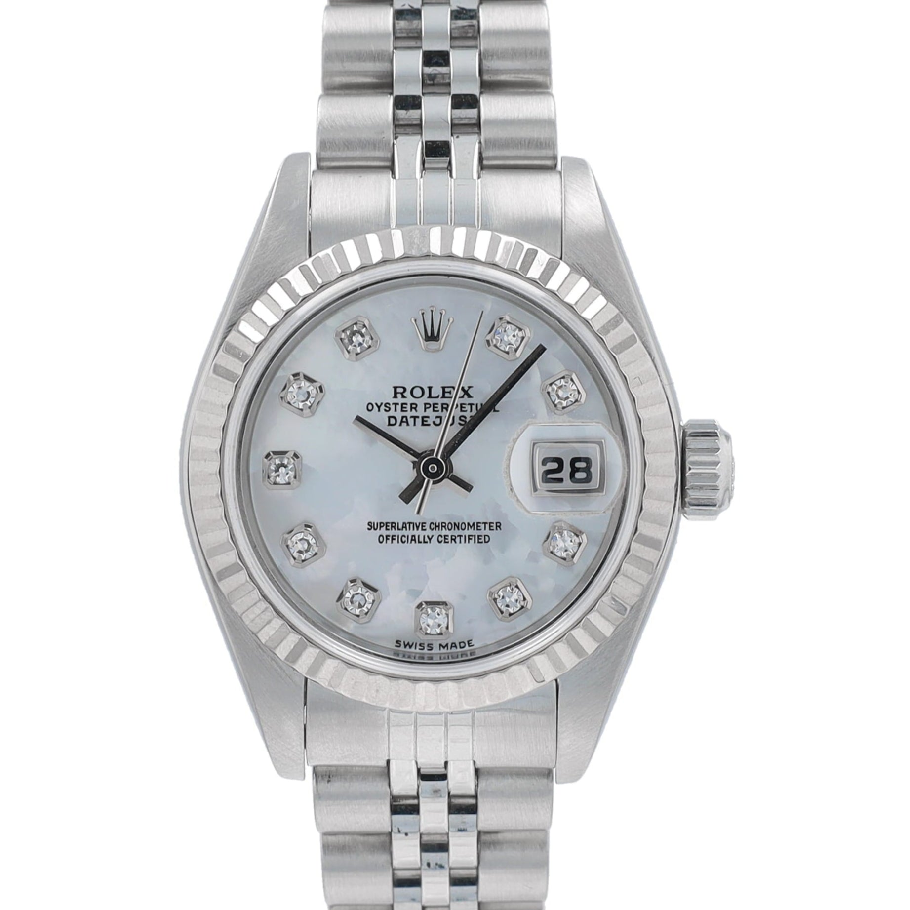 Rolex Datejust 79174 26mm White Mother of Pearl Diamond Dial Fluted Bezel Jubilee Band - Luxuriant Concierge