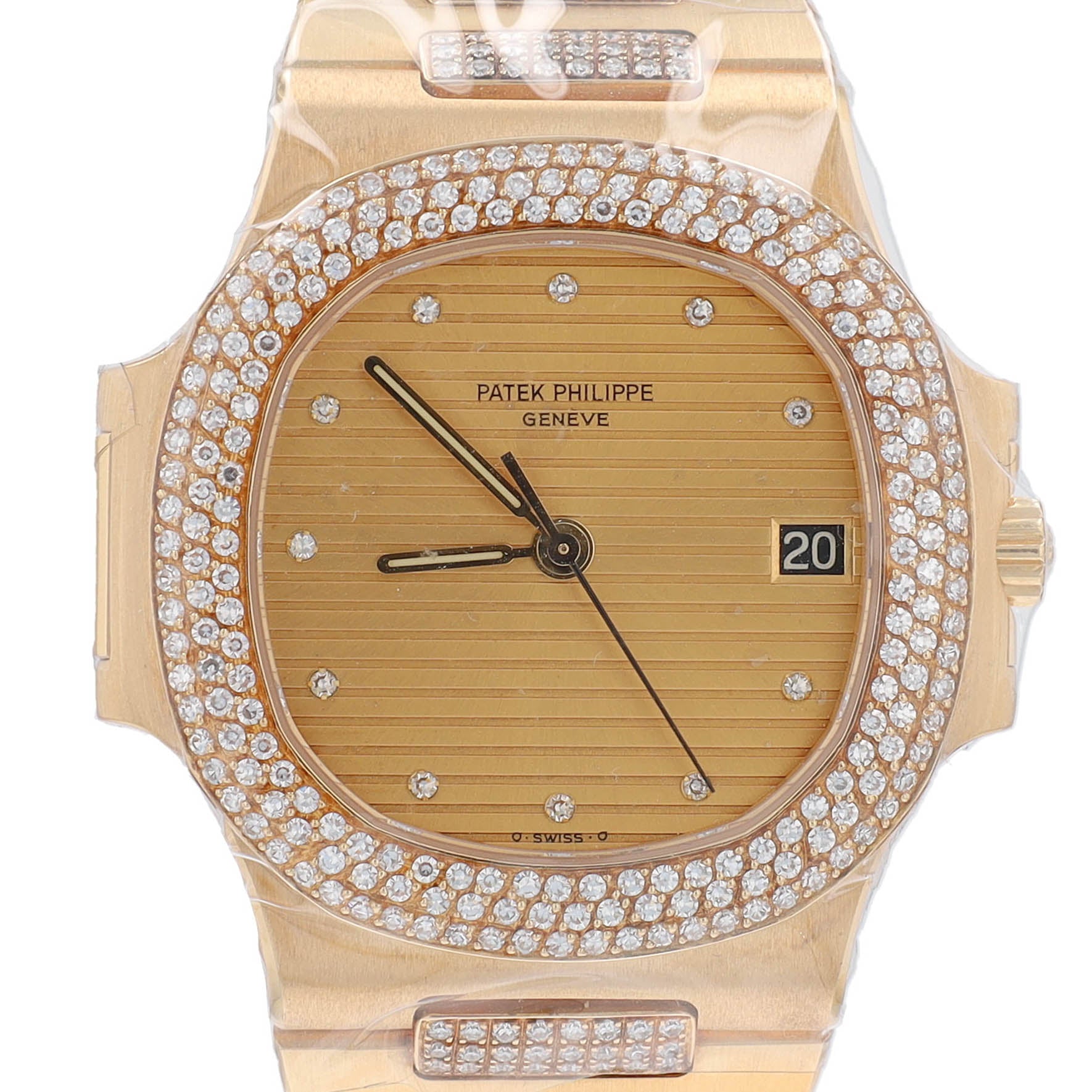 Patek Philippe Nautilus Mid-Size Champagne Tapestry Diamond, 3 Row Diamond Bezel, Diamond Band
