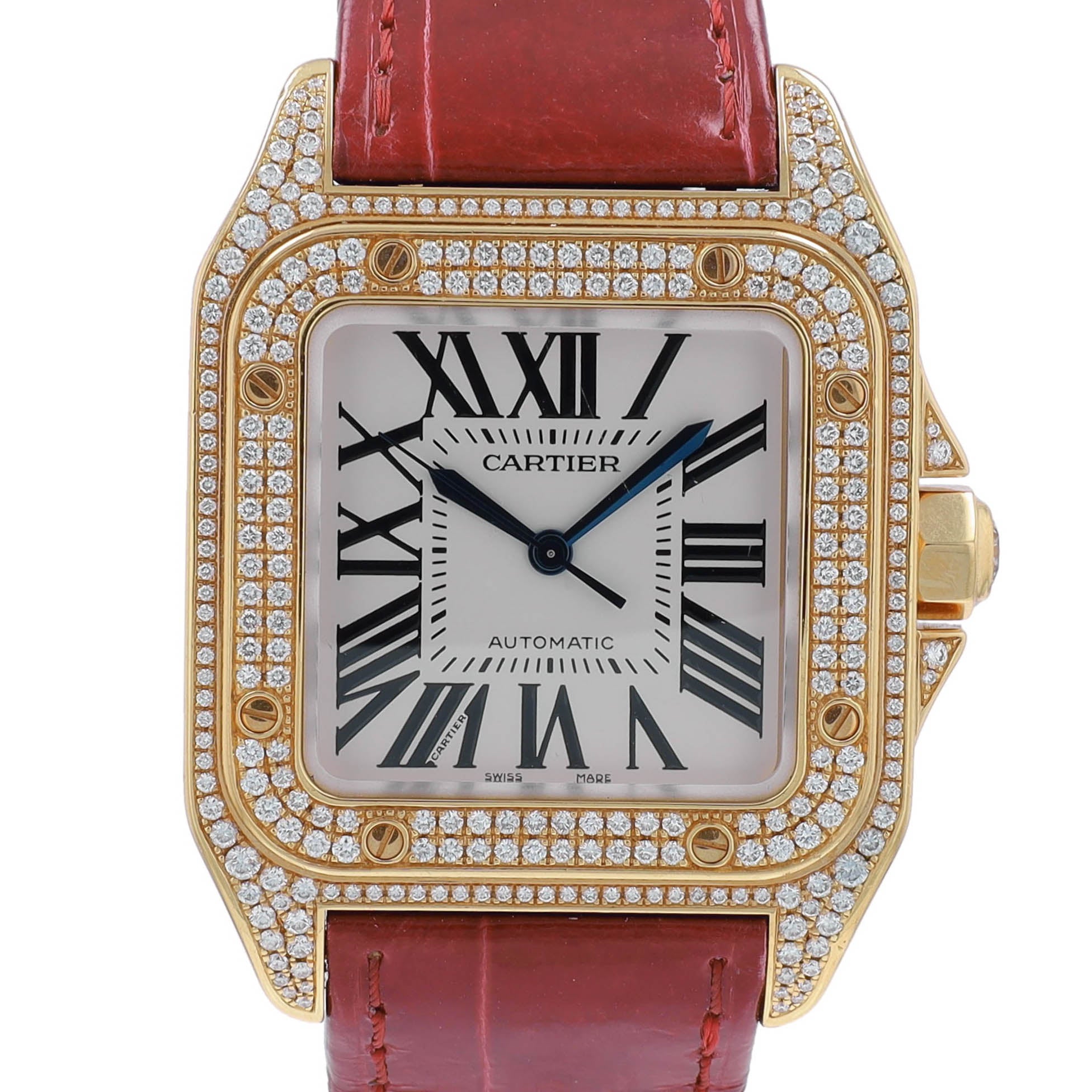 Cartier Santos 100 18K Rose Gold White Roman Dial Diamond Bezel Red Leather Band