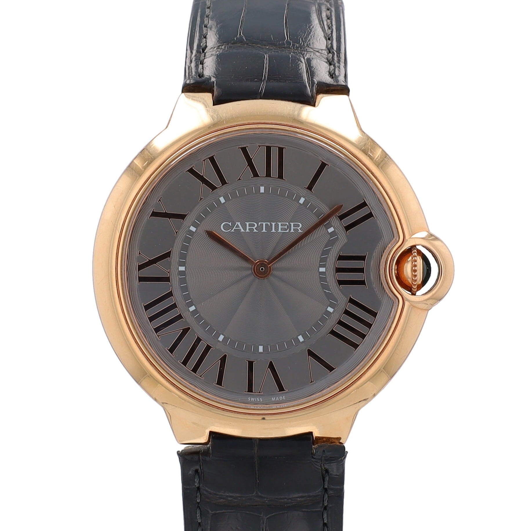 Ballon Bleu de Cartier Mens 18KR 3661 40mm Grey Roman Dial, Black Leather Watch