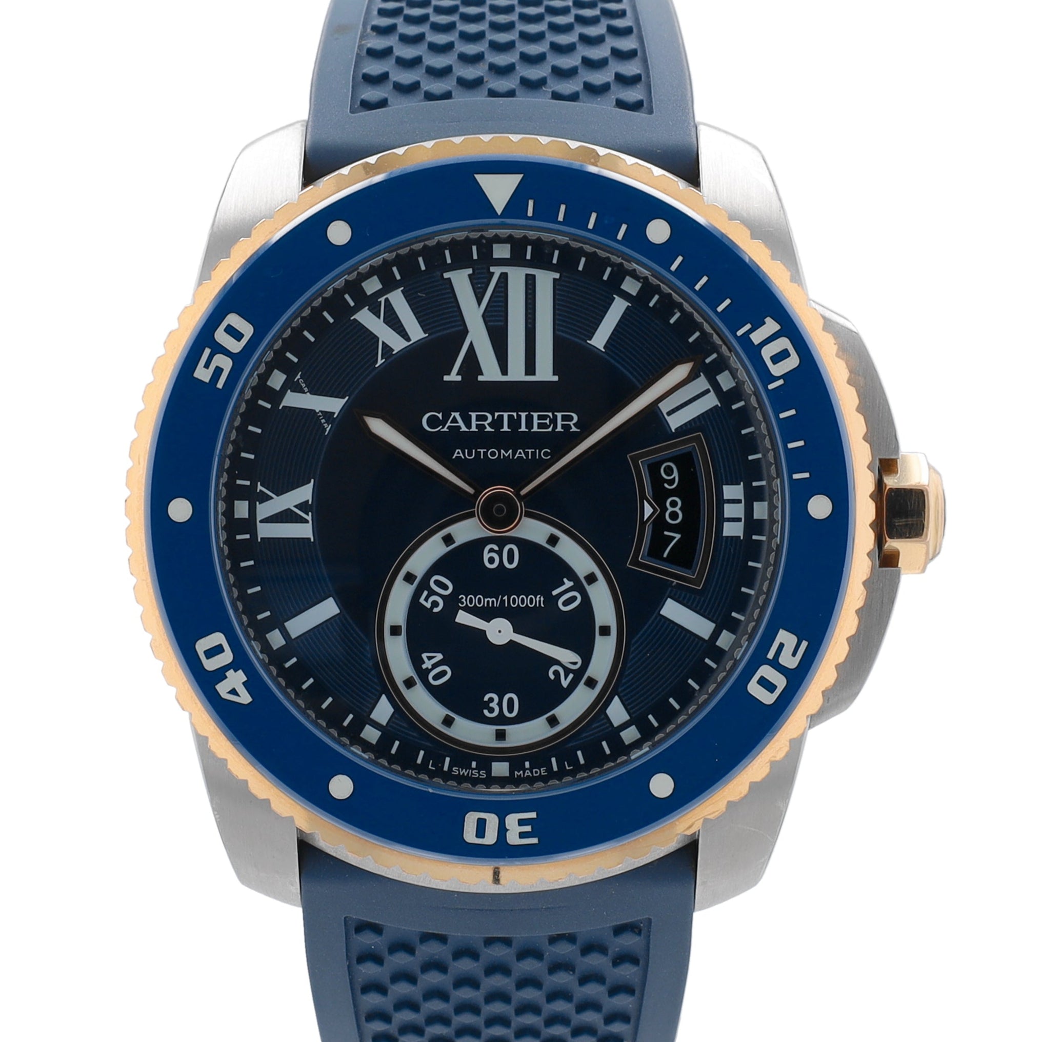 Cartier Calibre TT Yellow 42mm 3729 Blue Roman Dial Rotatable Gold with Blue Insert , Blue Rubber