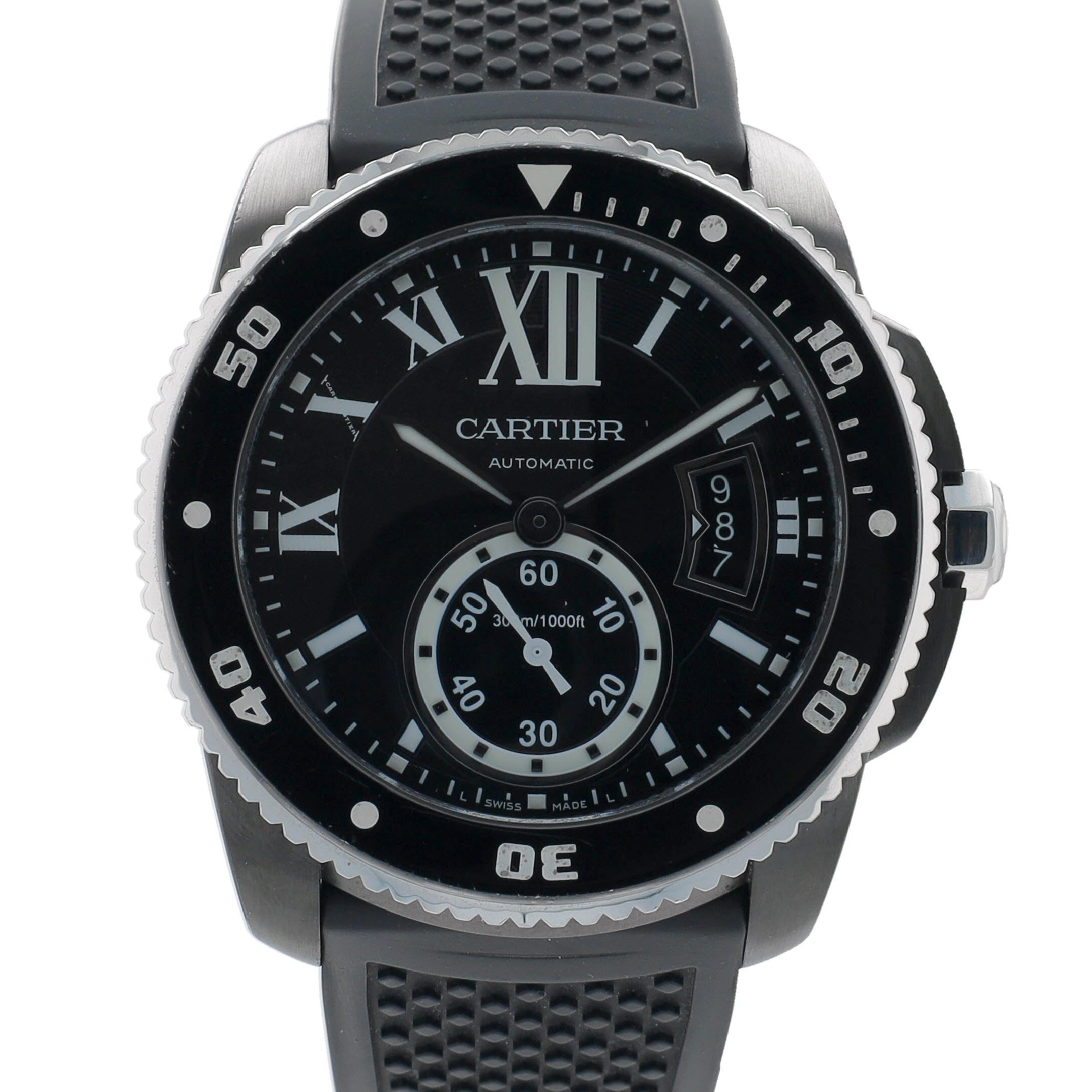 Cartier Calibre SS 3729 42mm Black Roman, Rotatable Silver Black Insert, Rubber Bracelet