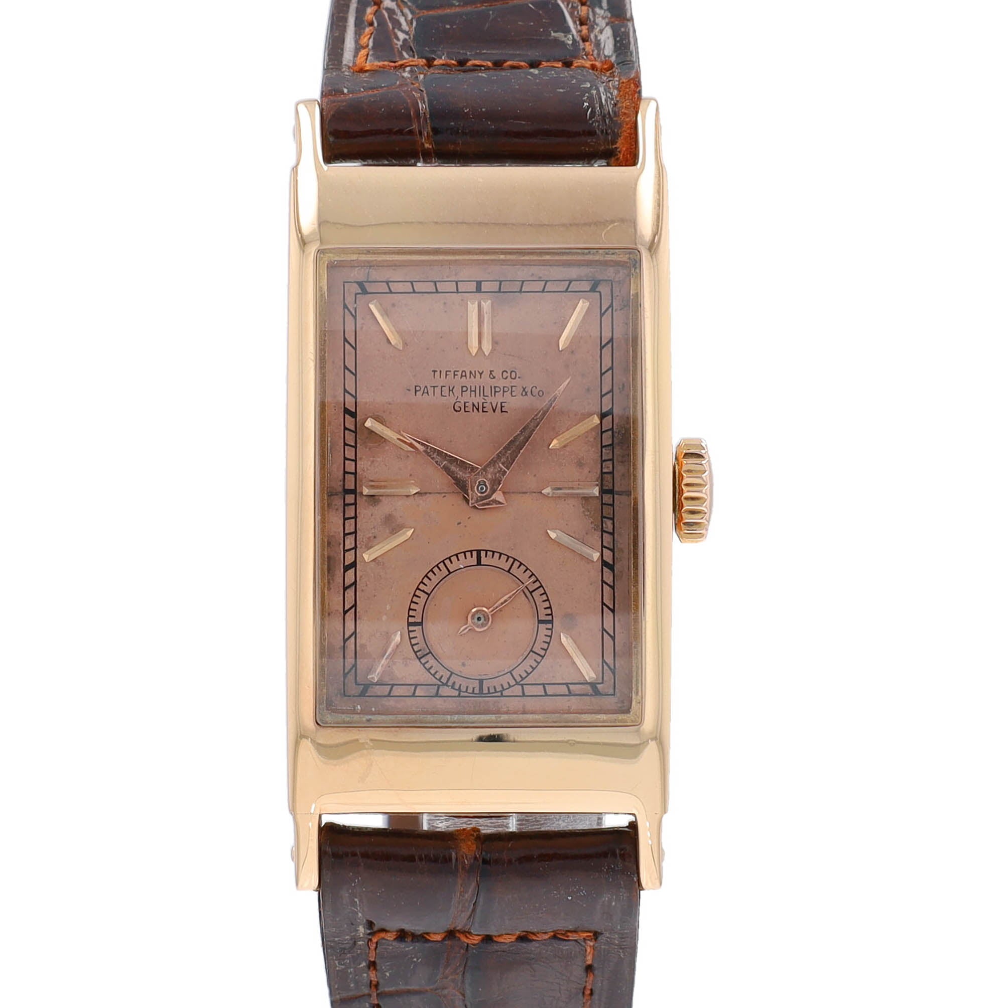 Patek Philippe "TIFFANY" Ladies 18KR Square Pink Index Dial Brown Leather Band w/ 18K Rose Gold Watch Band