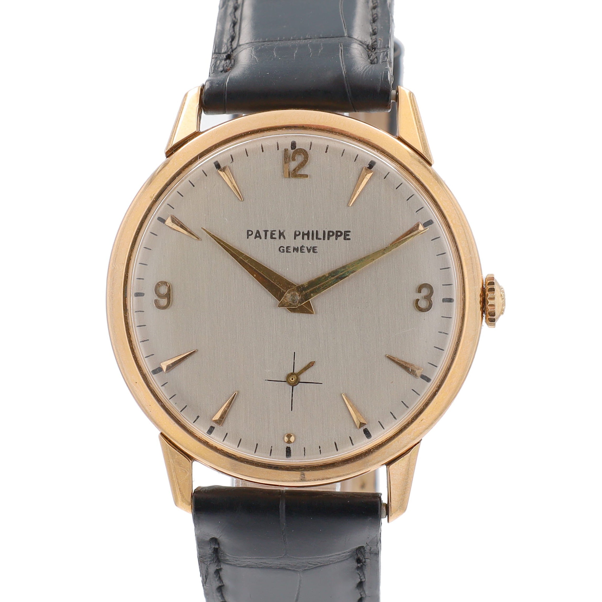 Vintage Patek Philippe 18K RG Silver Index & Arabic Dial Black Leather Band