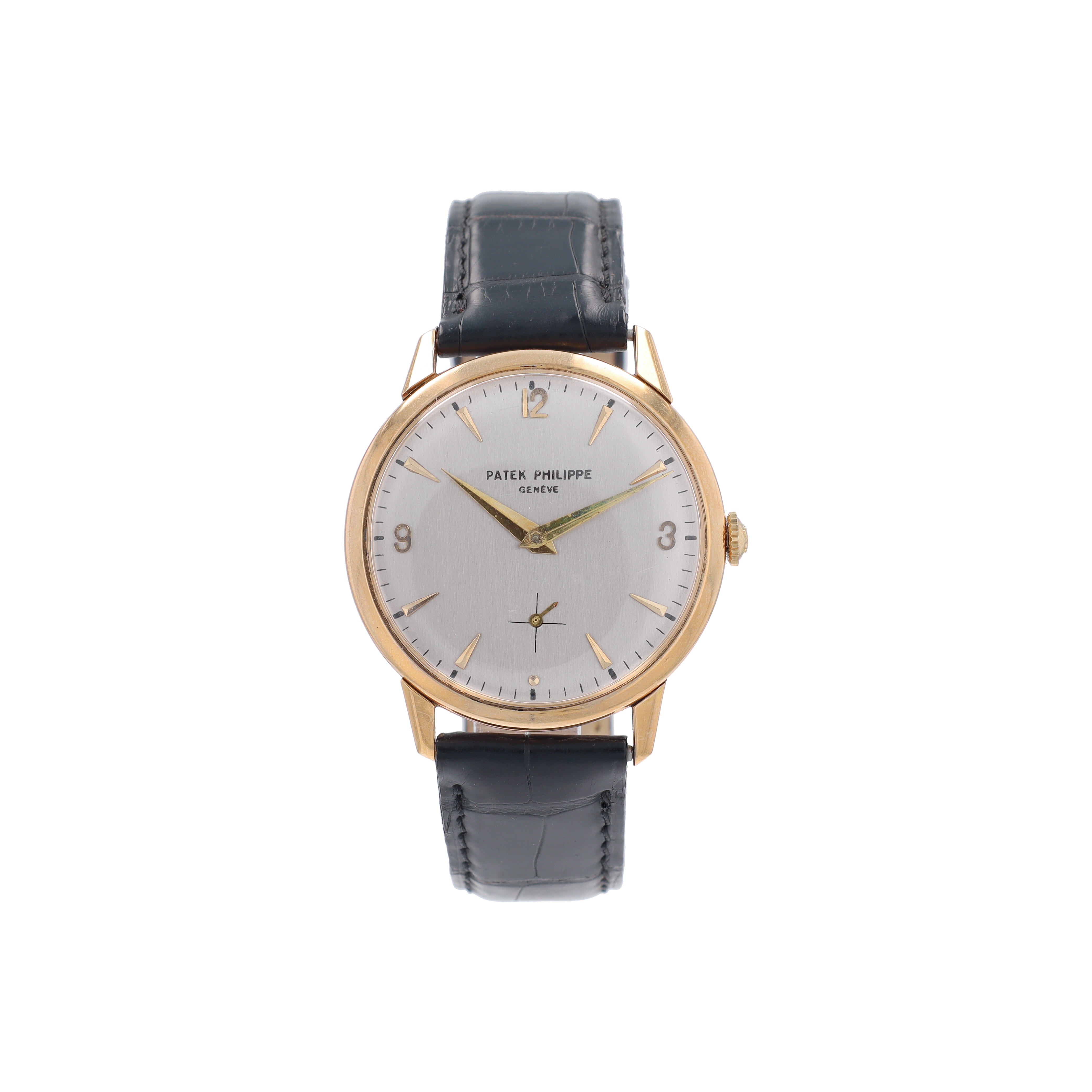 Vintage Patek Philippe 18K RG Silver Index & Arabic Dial Black Leather Band