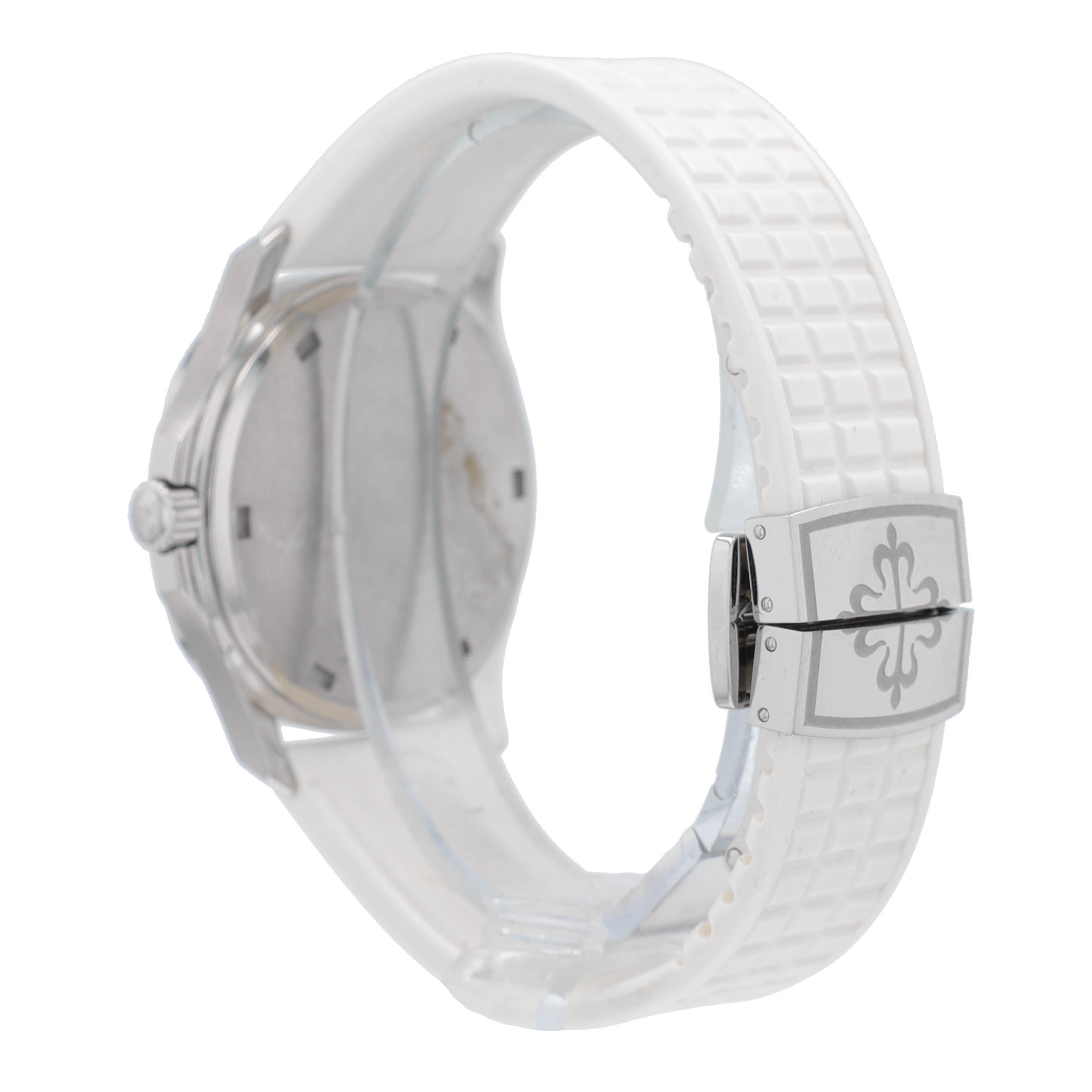 Patek Philippe Ladies Stainess Steel White Index - Arabic, Diamond Bezel, White Rubber Band