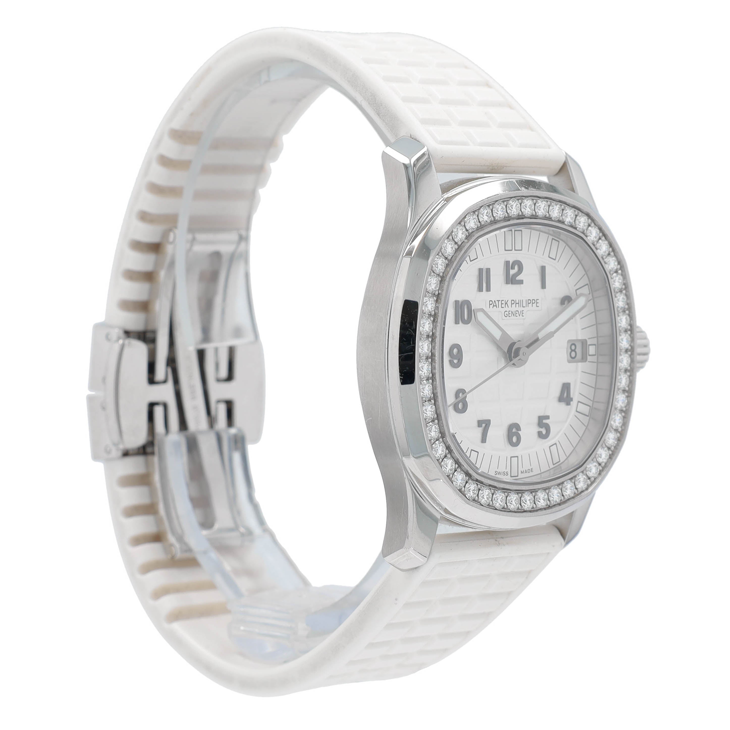 Patek Philippe Ladies Stainess Steel White Index - Arabic, Diamond Bezel, White Rubber Band