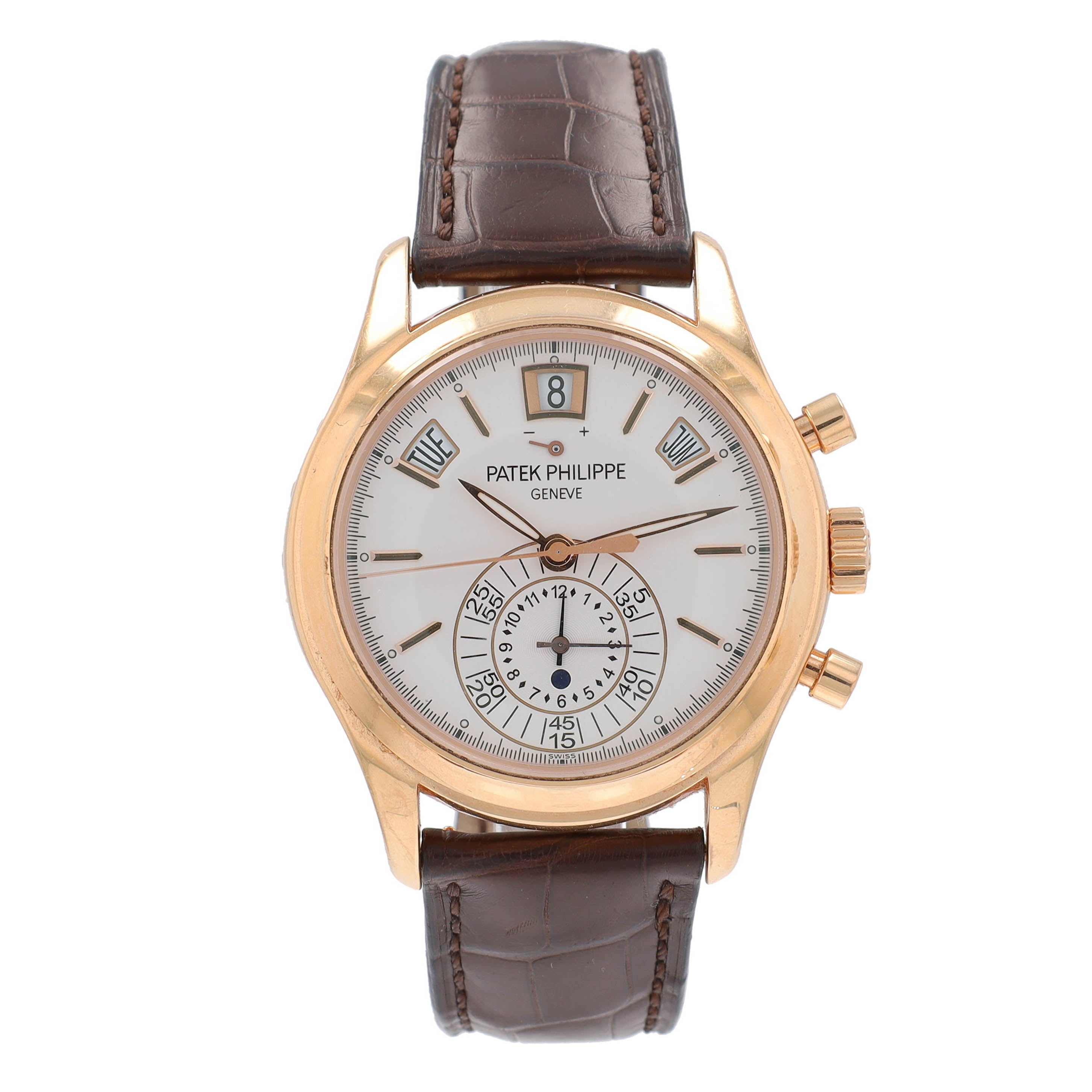 Patek Philippe 18K Rose Gold Cream Index Dial Brown Leather Band