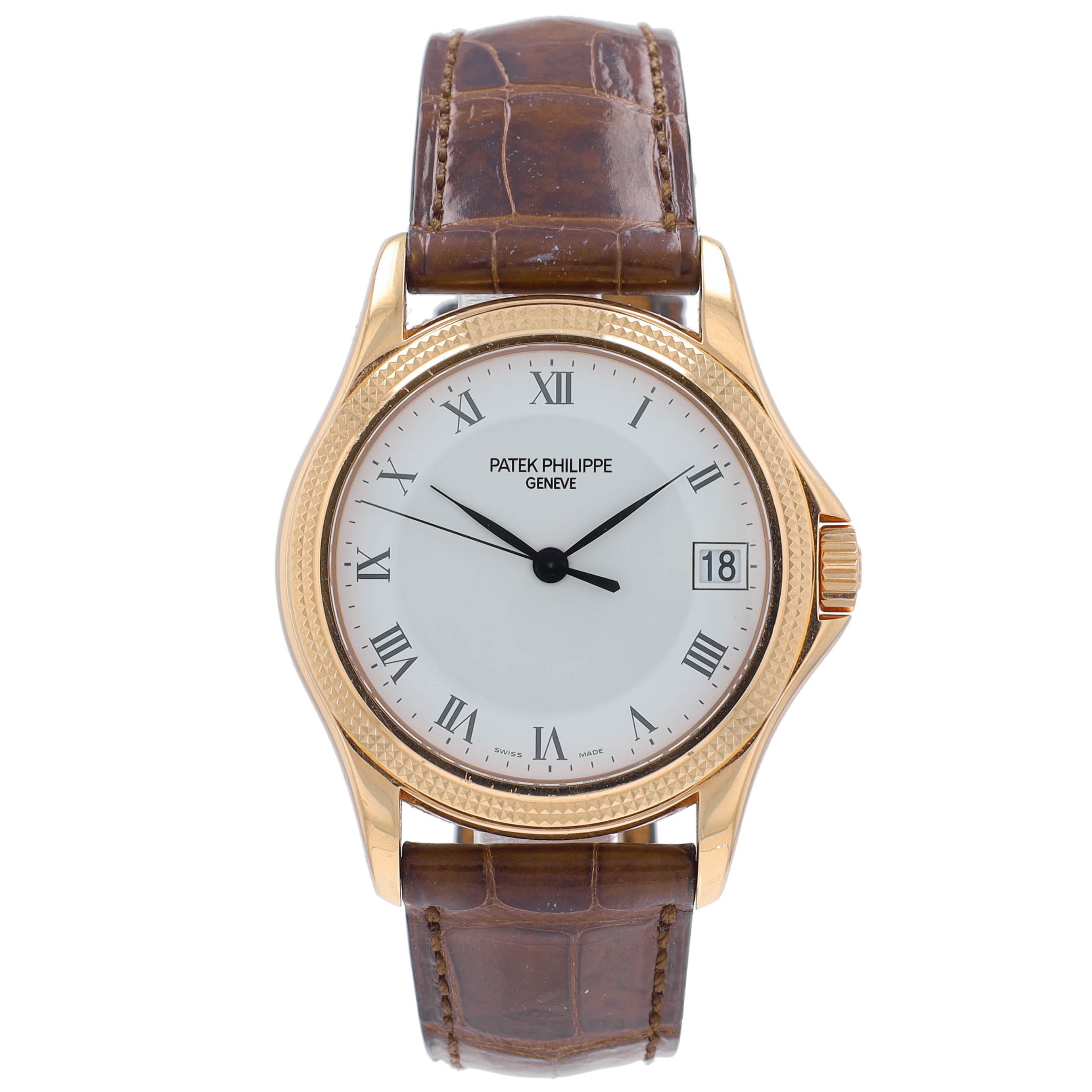 Patek Phillippe Calatrava Mens 18KY White Roman Dial Brown Leather Band w/ Box & Archive - Luxuriant Concierge