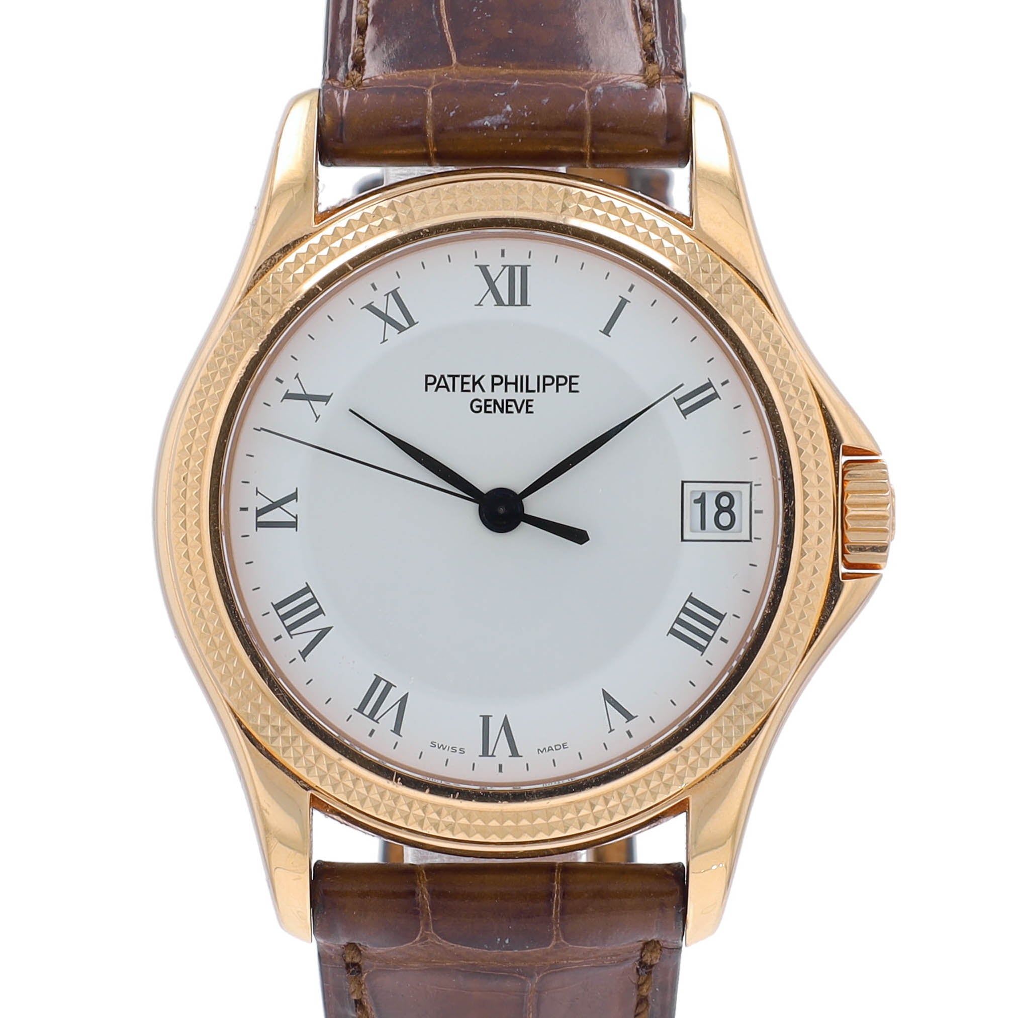 Patek Phillippe Calatrava Mens 18KY White Roman Dial Brown Leather Band w/ Box & Archive - Luxuriant Concierge