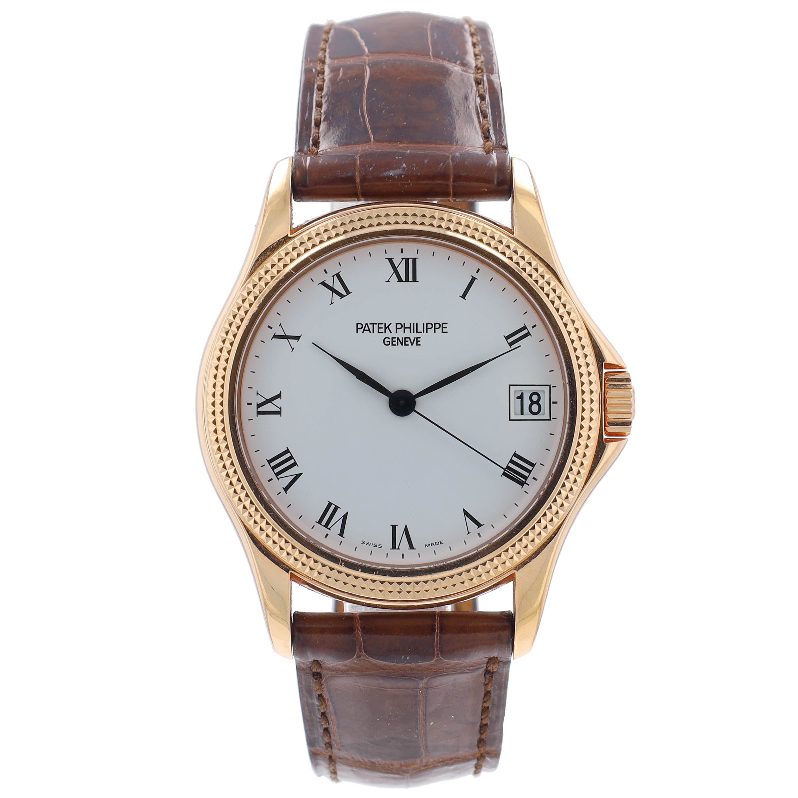 Patek Phillippe Calatrava Mens 18KY White Roman Dial Brown Leather Band w/ Box & Archive - Luxuriant Concierge