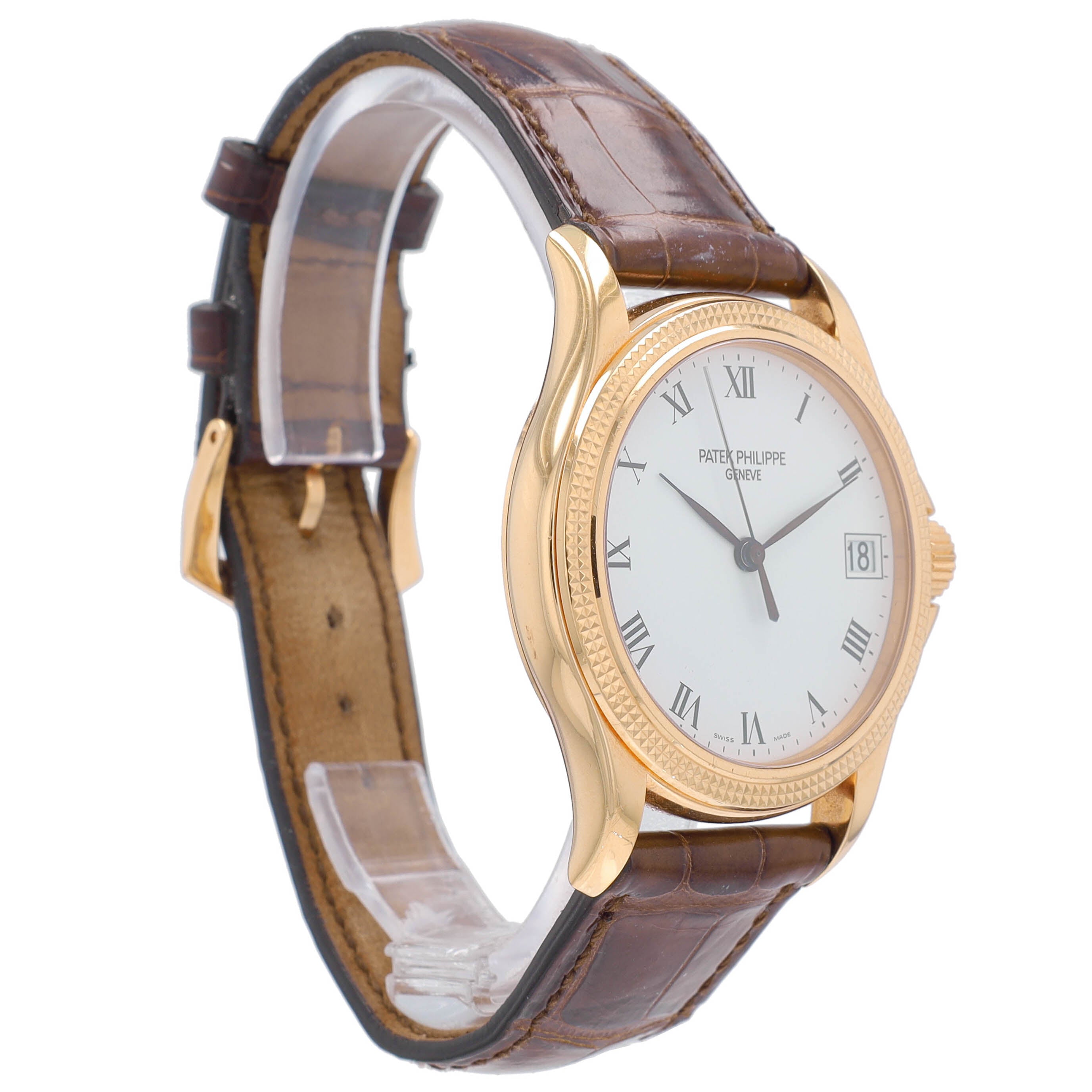 Patek Phillippe Calatrava Mens 18KY White Roman Dial Brown Leather Band w/ Box & Archive - Luxuriant Concierge