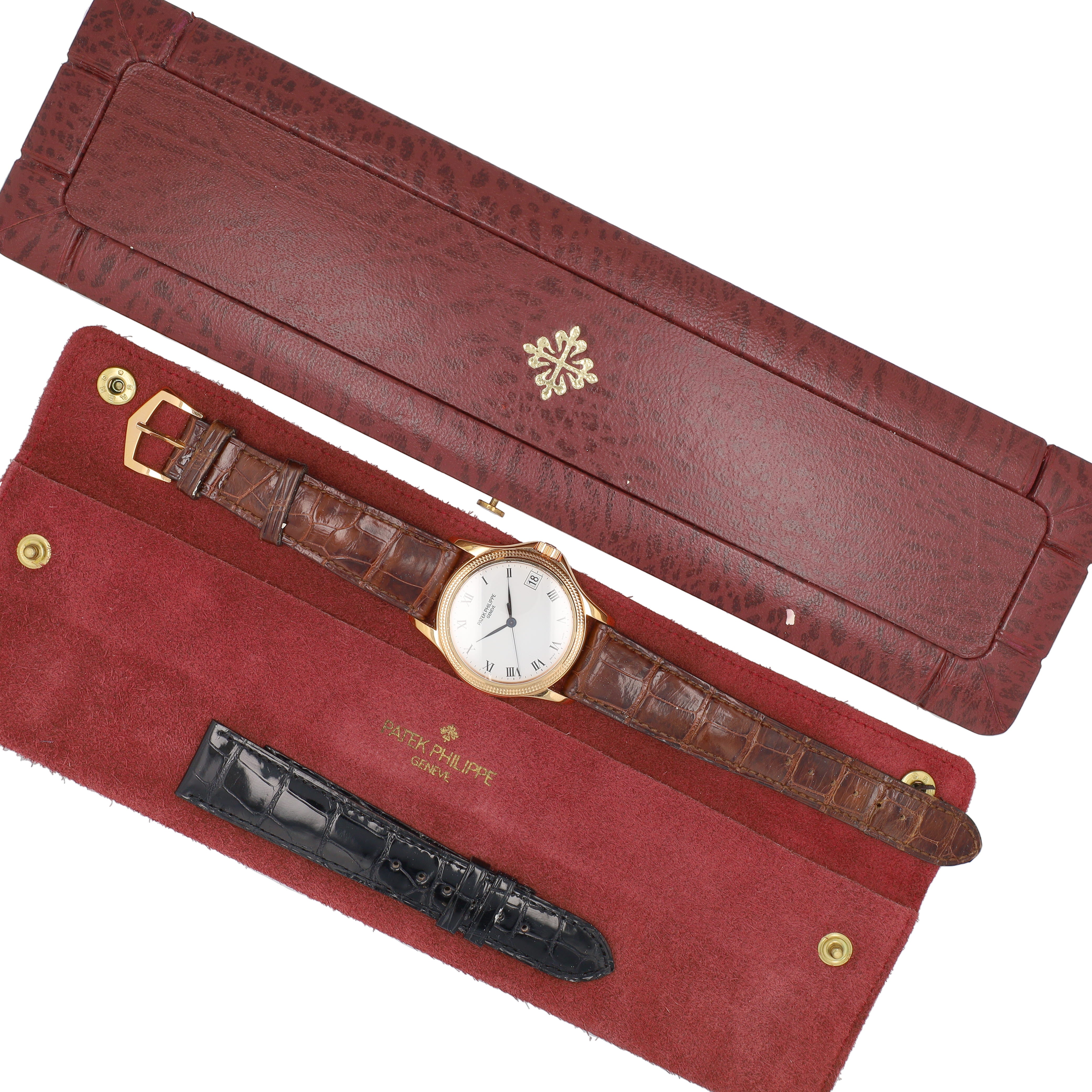 Patek Phillippe Calatrava Mens 18KY White Roman Dial Brown Leather Band w/ Box & Archive - Luxuriant Concierge