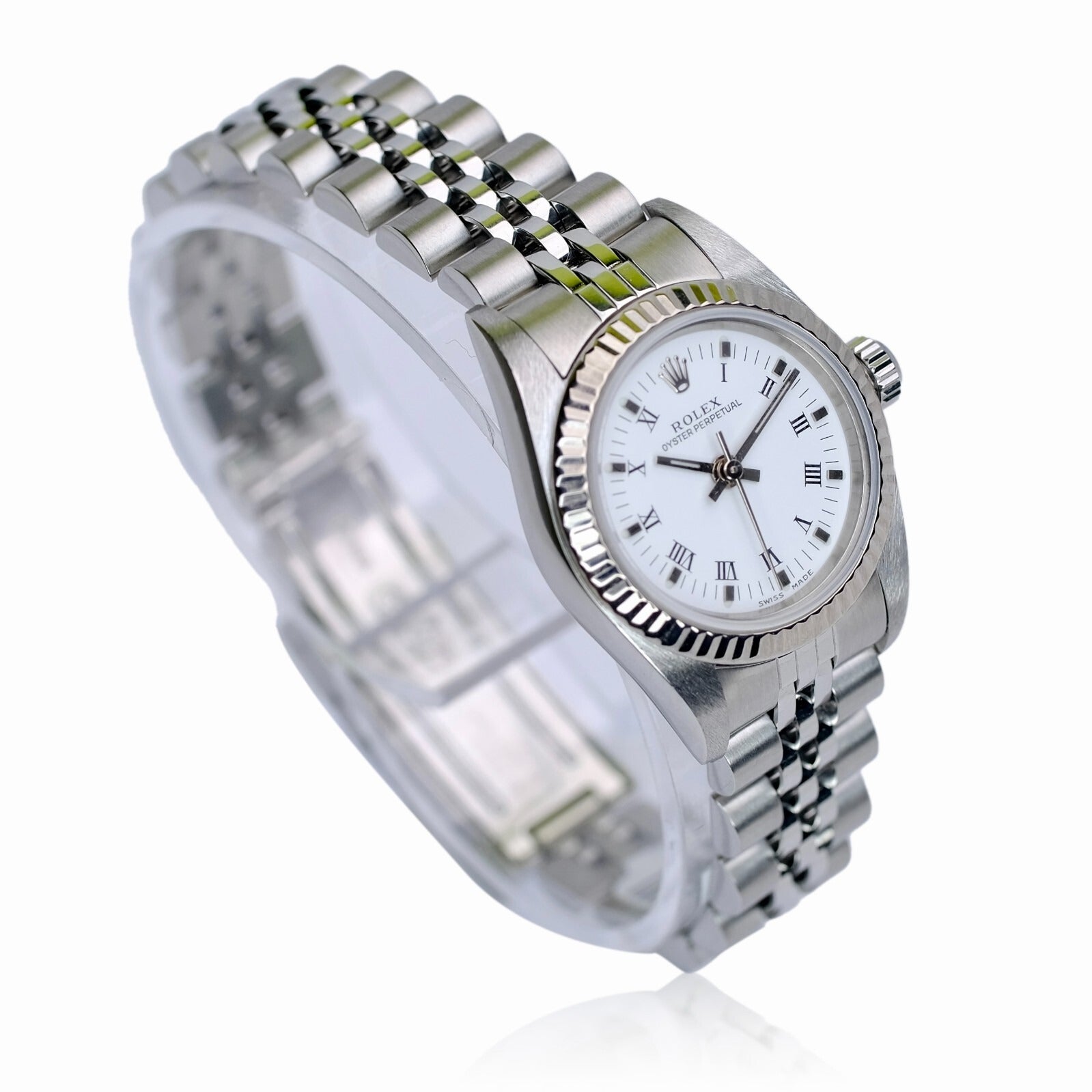 Rolex Ladies Watch Oyster Perpetual 18KW & SS White Dial Fluted Jubilee 76094 - Luxuriant Concierge